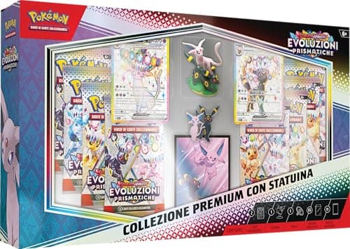 Pokémon: collezione premium con statuina dell’espansione Evoluzioni Prismatiche (due carte olografiche impresse in modo speciale, 11 buste dell’espansione Evoluzioni Prismatiche e tanto altro)