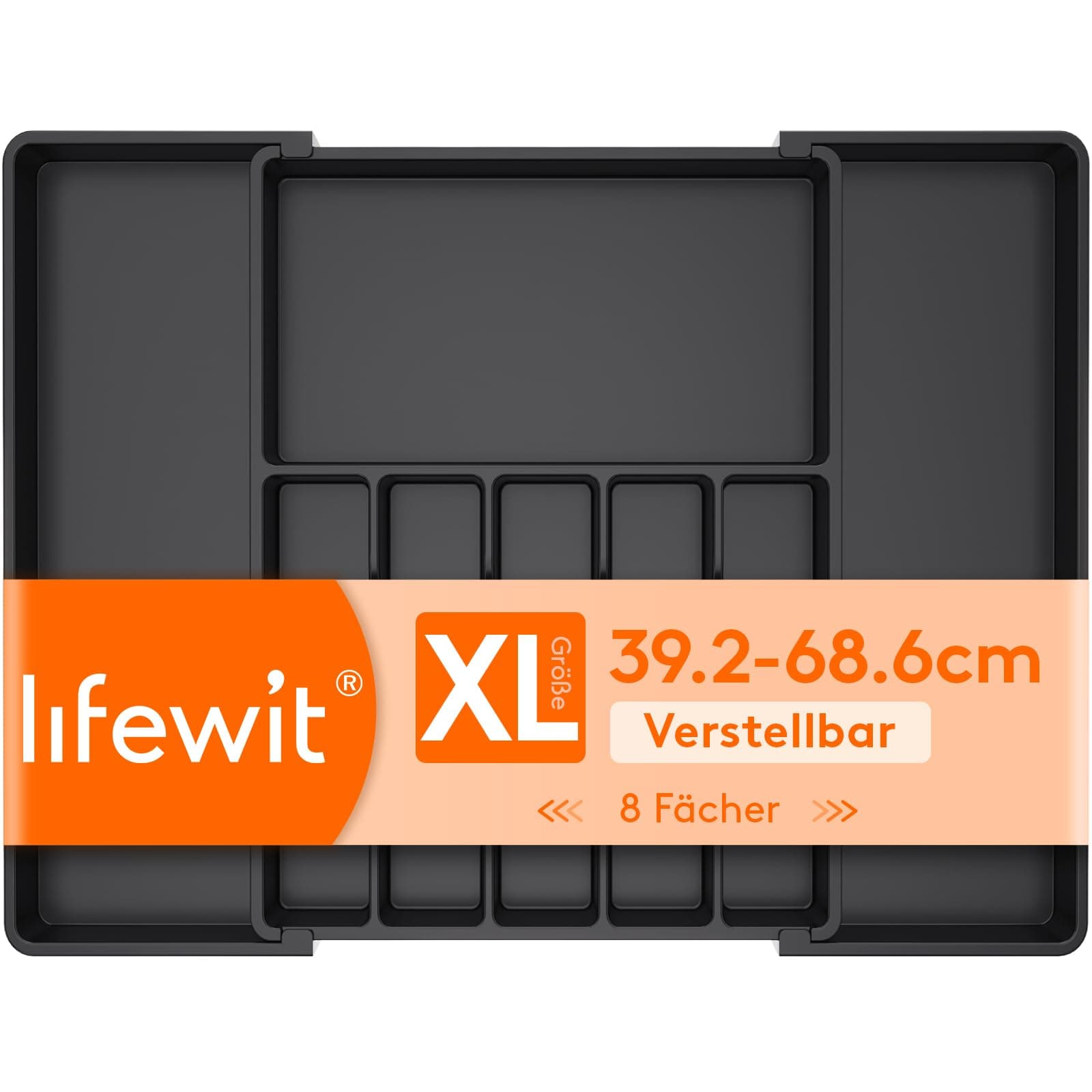 Lifewit Besteckkasten für Schubladen 40 50, verstellbarer Kunststoff Organizer Küche Tiefe 47 cm, Besteckeinsatz 6-8 Fächer, erweiterbar bis 69 cm, für Löffel, Gabeln und Geschirr, Schwarz
