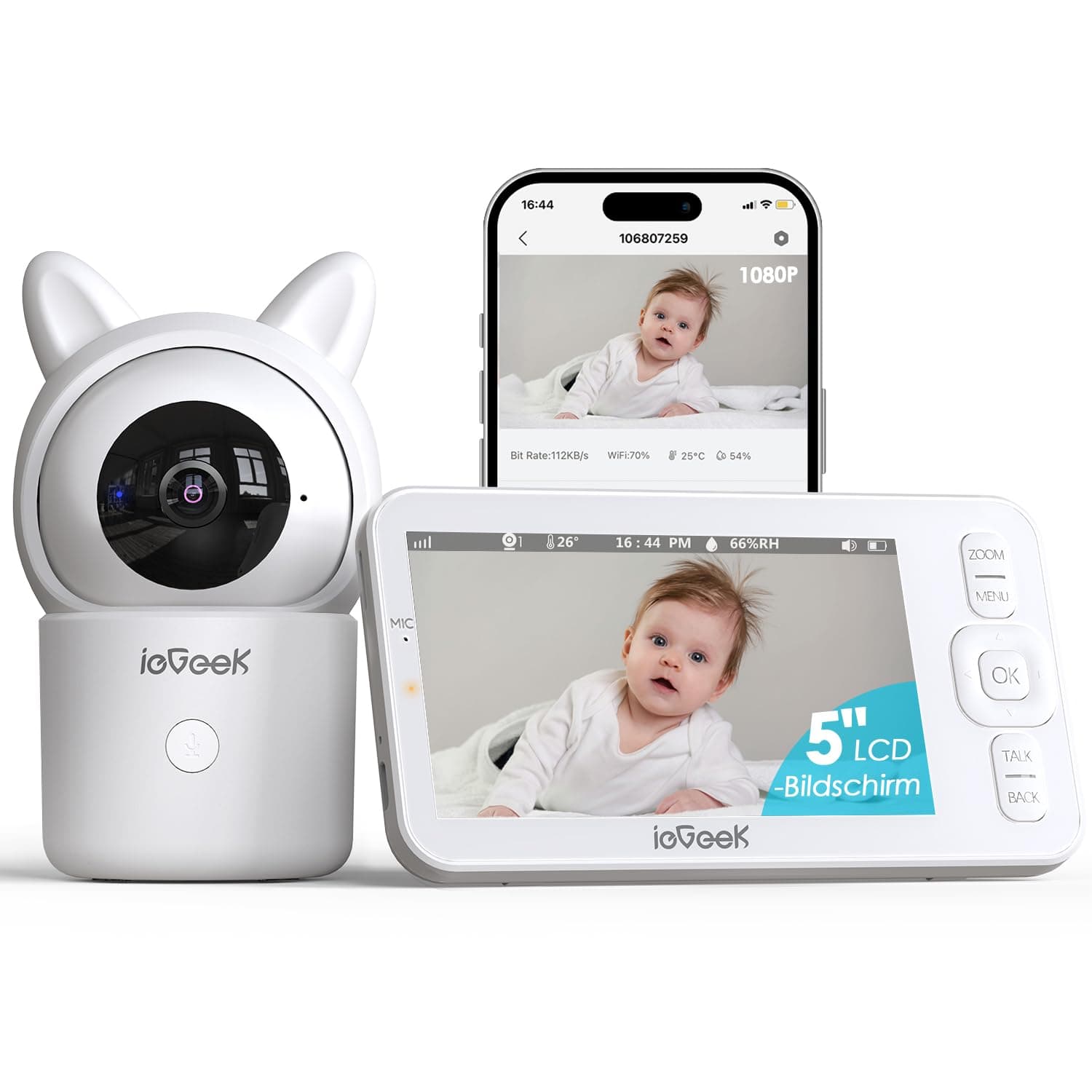 ieGeek Babyphone mit Kamera 1080P, App und 5 Zoll WLAN Video-Babyfon mit PTZ 355°, 4-Fach Zoom, Zonenalarm, Bewegungs-/Geräuscherkennung, Temperatur- und Feuchtigkeitssensor, Nachtsicht
