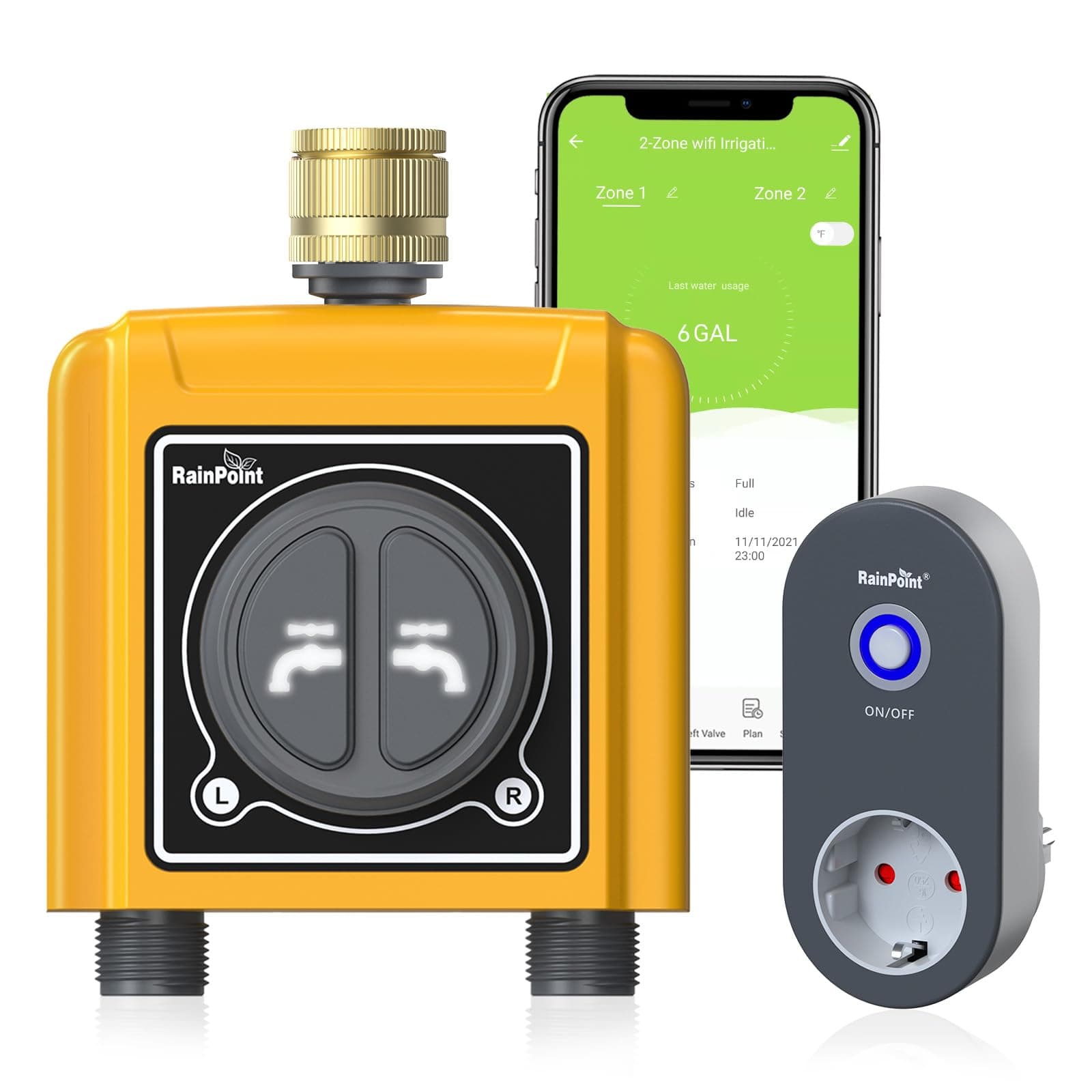 RAINPOINT Programador Riego WiFi 2 Salidas con Entrada de Latón, Inteligente Temporizador Riego Automatico, App/Voz Control, Riego Basado en Clima/Humedad del Suelo, para Césped y Jardín