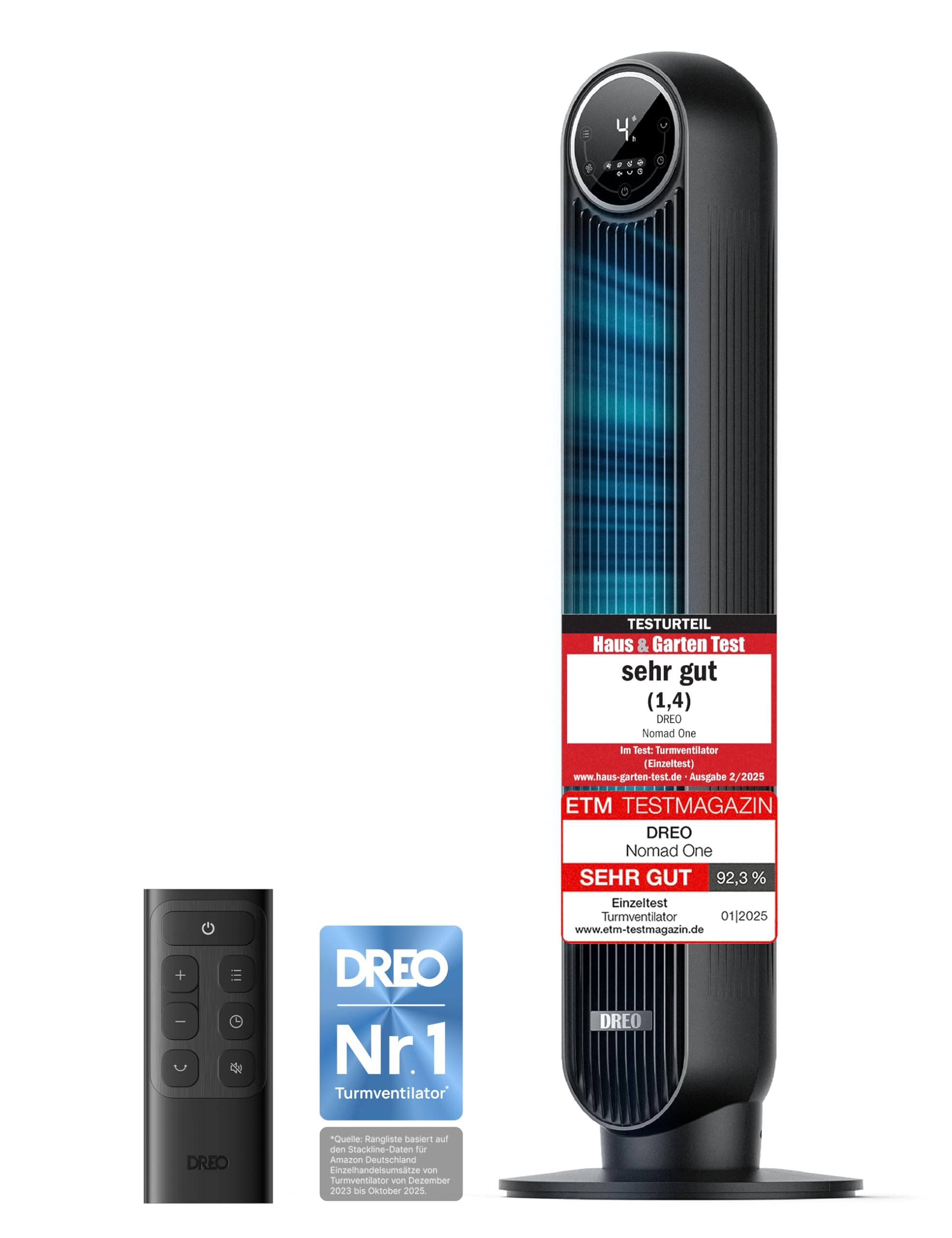 Dreo 20dB Leiser Turmventilator, 10 m Wurfweite 4 Geschwindigstufen 4 Modi 8 Std. Timer 90° oszillierende Ventilator mit Kühlung Fernbedienung für Schlafzimmer, Nomad One, Schwarz