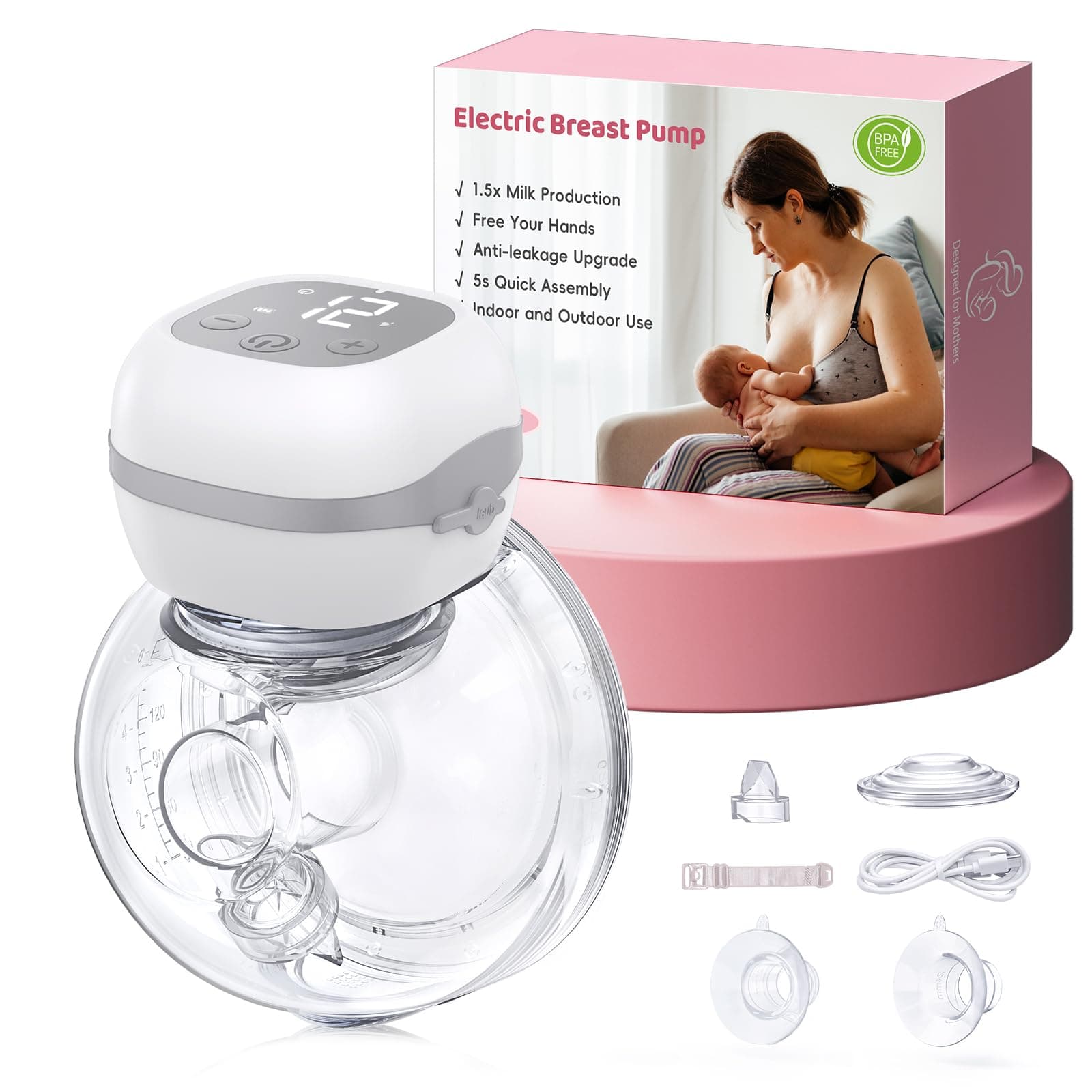 Haokoo Tiralatte Elettrico Indossabile Portatile, 201g Leggero Tira Latte Neonati Elettrico, Installazione Rapida 5s, 3 modalità e 12 livelli, Display a LED, Senza BPA, 1 Pezzi