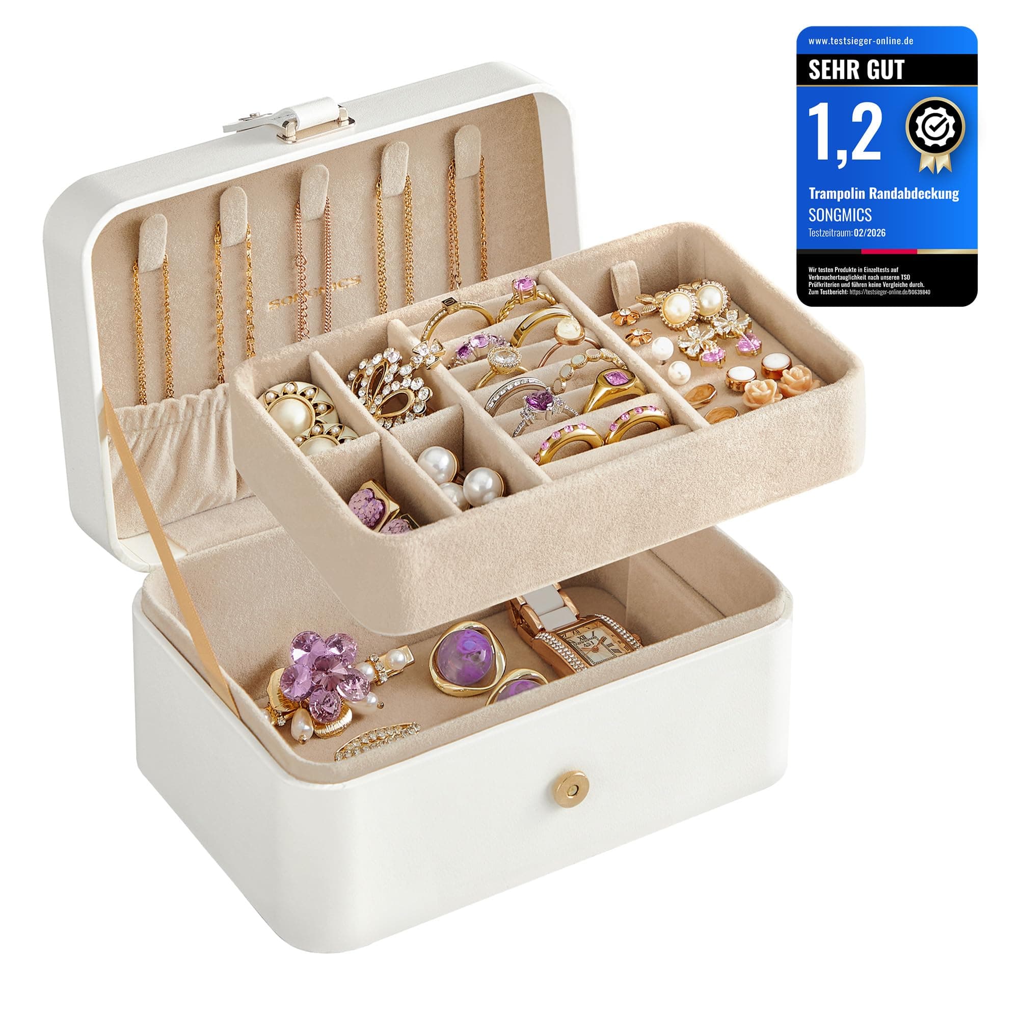 SONGMICS GISELLA Kollektion - Schmuckkästchen Reise mit 2 Ebenen, Schmuckkasten klein, Schmuckaufbewahrung, tragbar, für größere Accessoires, Geschenkidee, 11,6 x 16 x 7,5 cm, wolkenweiß JBC166W01