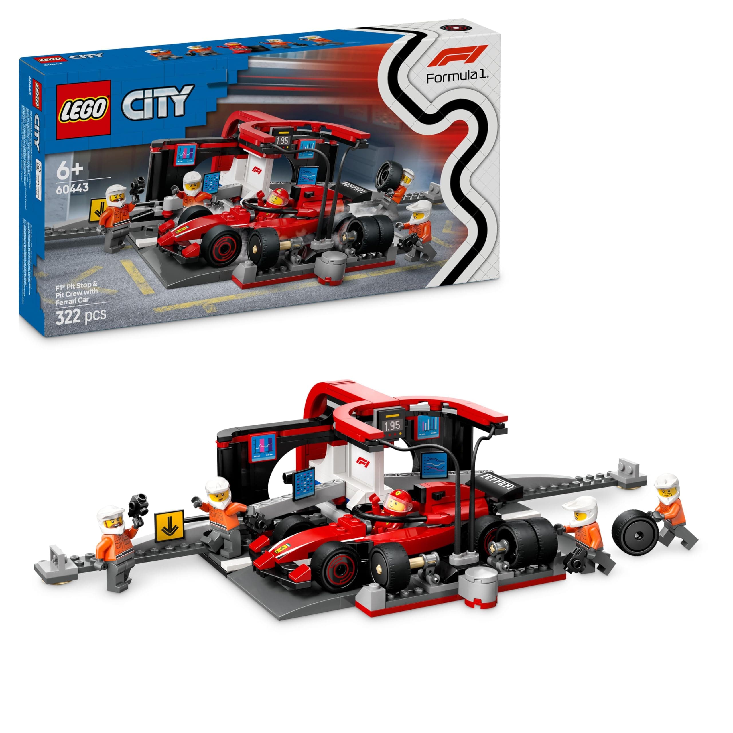 LEGO City Parada en Boxes de F1 y Equipo de Mecánicos con Coche Ferrari de Juguete para Niños y Niñas de 6+ Años, Maqueta de Carreras de Fórmula 1 con Pit Stop y Minifigura de Piloto 60443