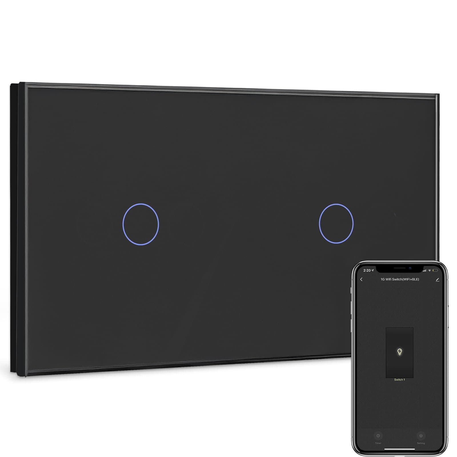 BSEED Interruptor de Pared WIFI,Interruptor Inteligente 1 Gang 1 Via +1 Gang 1 Via,Compatible con Alexa,Google Home,Control de APP y Función de Temporizador,Pantalla Táctil Nergo【Se necesita Neutro】