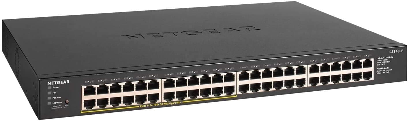 NETGEAR Switch PoE de 24 Puertos GS348PP | Switch Ethernet Gigabit de 48 Puertos con 24x PoE+ Consumo 380W |Montaje de sobremesa o en Bastidor | Carcasa de Metal Resistente