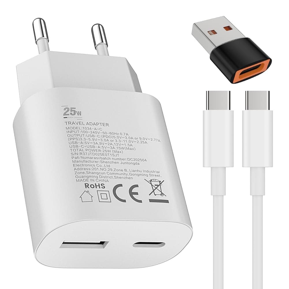 25W USB tipo C Caricabatterie veloce 15W USB tipo A Adattatore Per:Samsung Galaxy S25 S24 S23 S22 S21 S20 A56 A55 Veloce Telefono cellulareSpina di ricarica USB C Rapido Alimentator Cavo di ricarica
