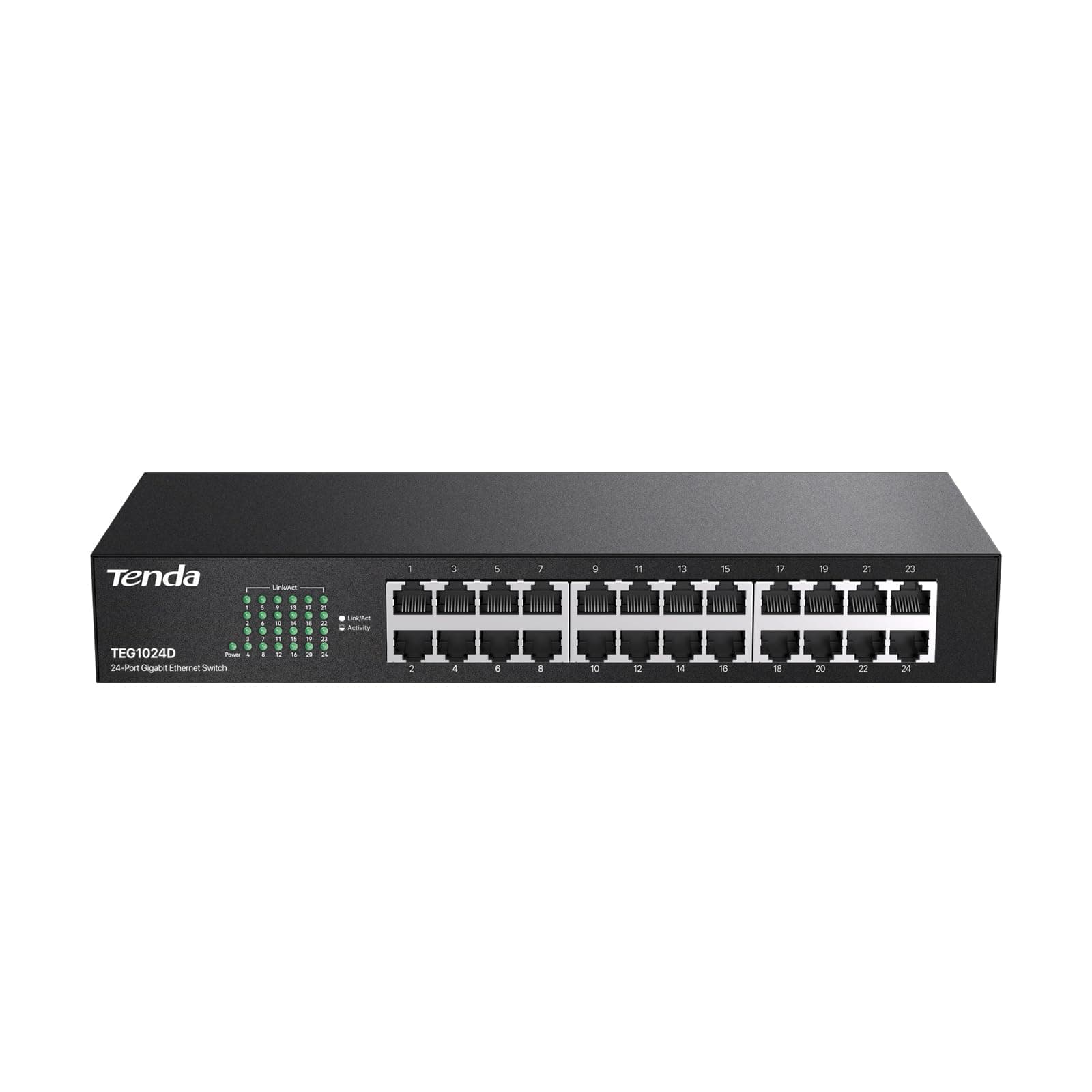 Tenda TEG1024D Gigabit Ethernet Switch, 24 Puerto RJ45, 48 Gbit/s,10/100/1000 Mbps, Auto MDI/MDIX, Montaje en Escritorio/Rack, Protección Profesional contra Rayos, No Administrado, Plug & Play, Metal