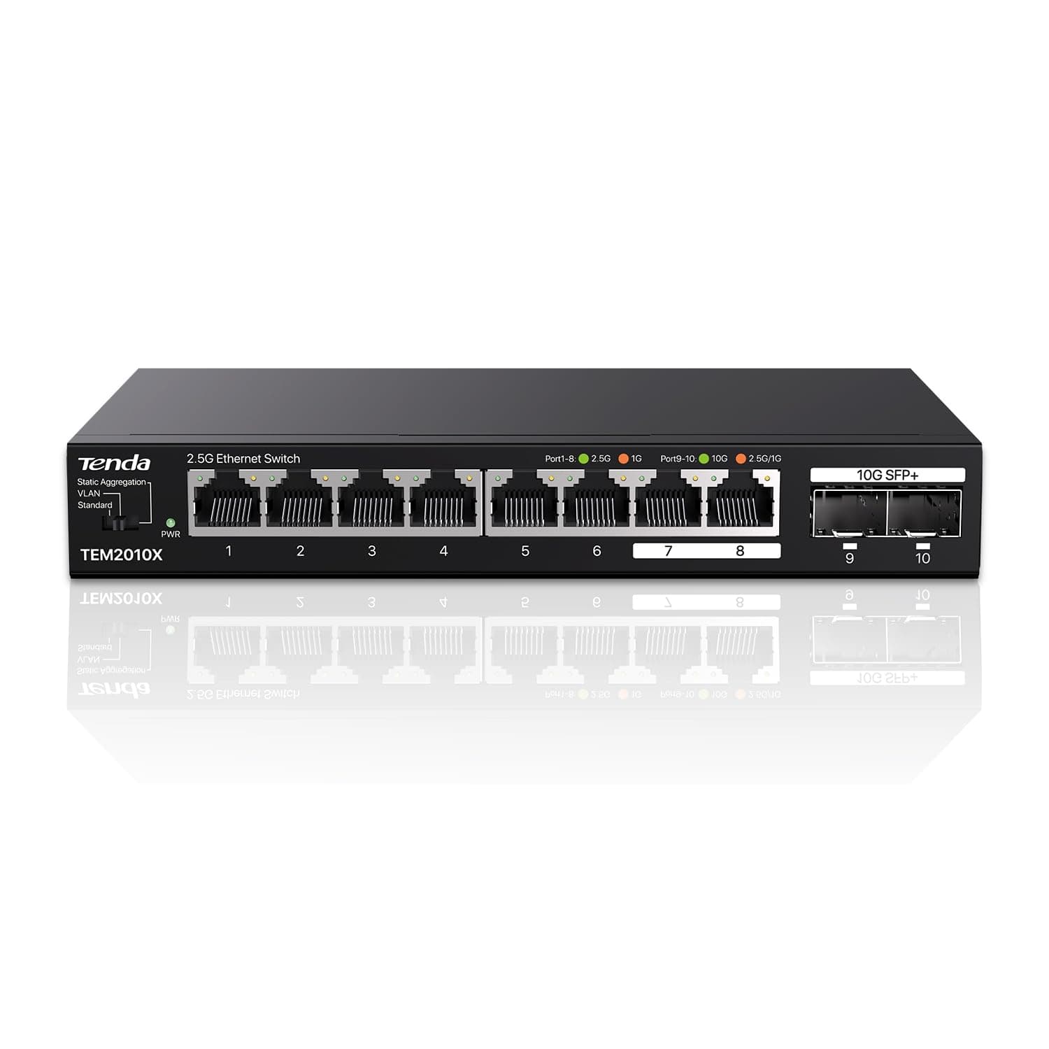 Tenda Switch de 2.5G con 8 Puertos 2.5G y 2 Puertos SFP+ 10G , Plug and Play, no Requiere Configuración, Protección contra Rayos de 6KV, Escritorio o Montaje en Pared, Silencioso (TEM2010X)