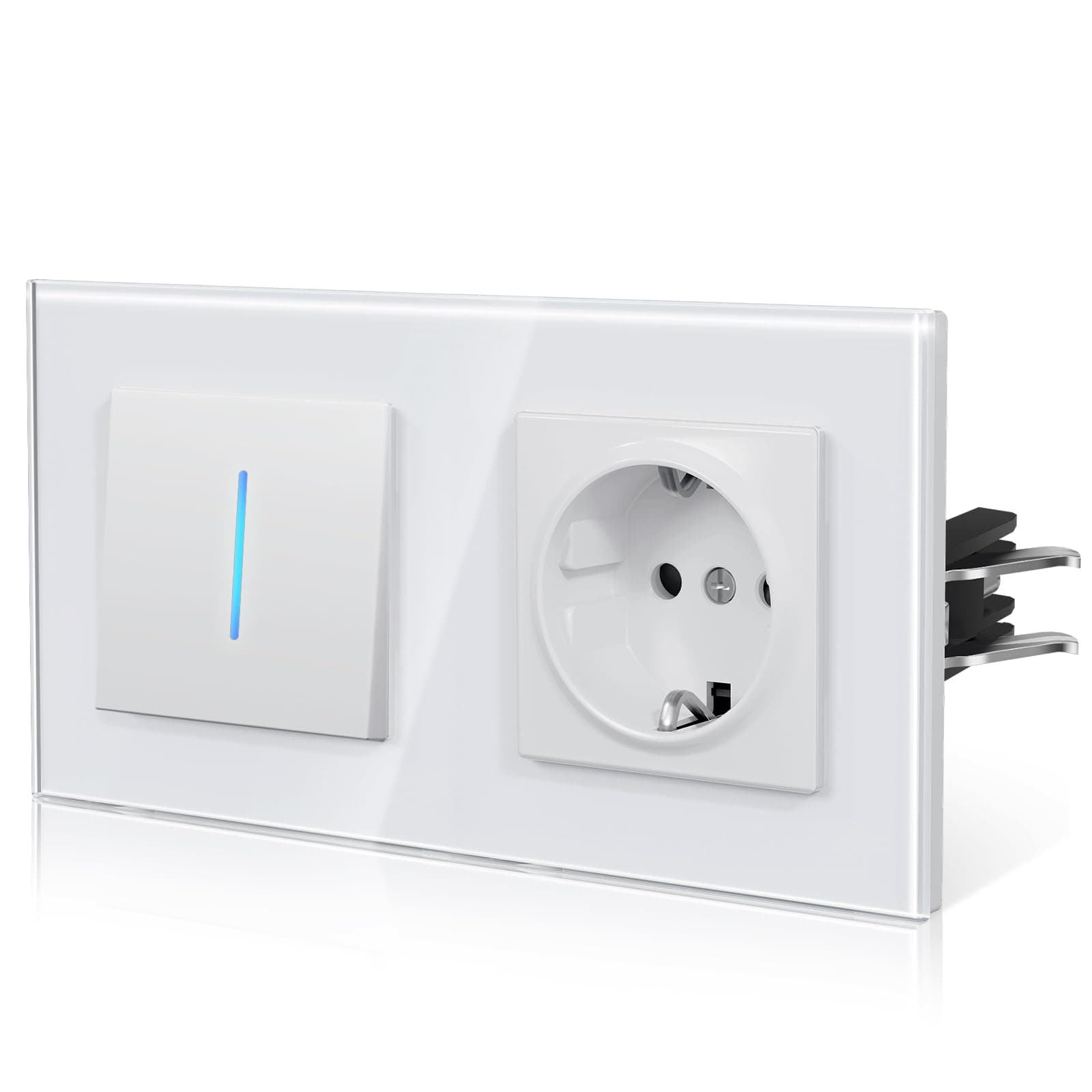 BSEED Lichtschalter mit Steckdose aus Glas, Unterputz Schalter Hintergrundlicht mit Krallen, Wechselschlter NEU E-Serie,1 Fach 2 Wege,Weiß 157mm