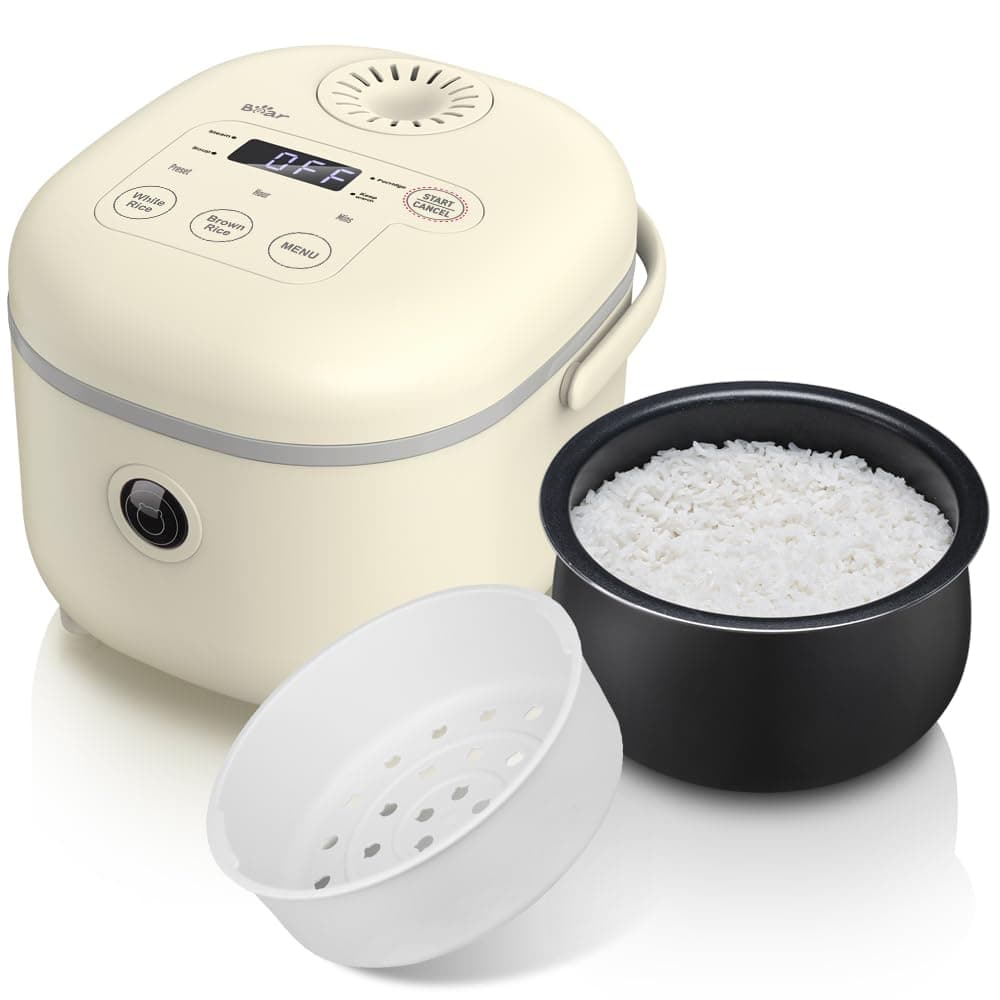 Bear Arrocera de 3,5 Tazas (sin cocer) con Vaporera, Mini Rice Cooker Multifuncional de 350W, 6 Funciones de Cocción de arroz para 2-4 Personas