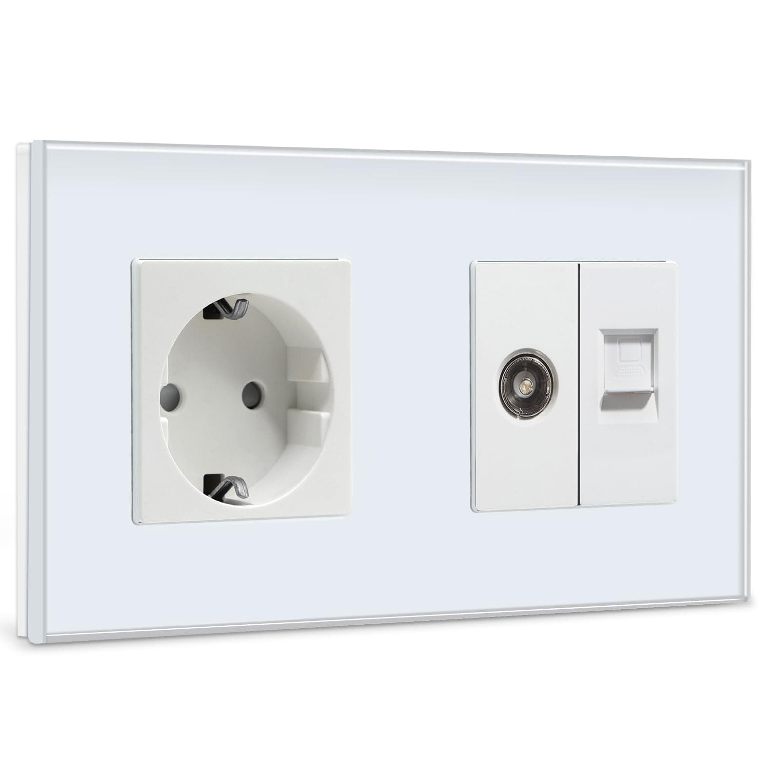BSEED Enchufe de Pared con 1/2 PC+ TV,Antena de TV Coaxial y Ethernet RJ45 Cat5e,Schuko Enchufe con Panel de Cristal,Blanco Toma de Corriente,Enchufes de Extensión para Cocina, Dormitorio