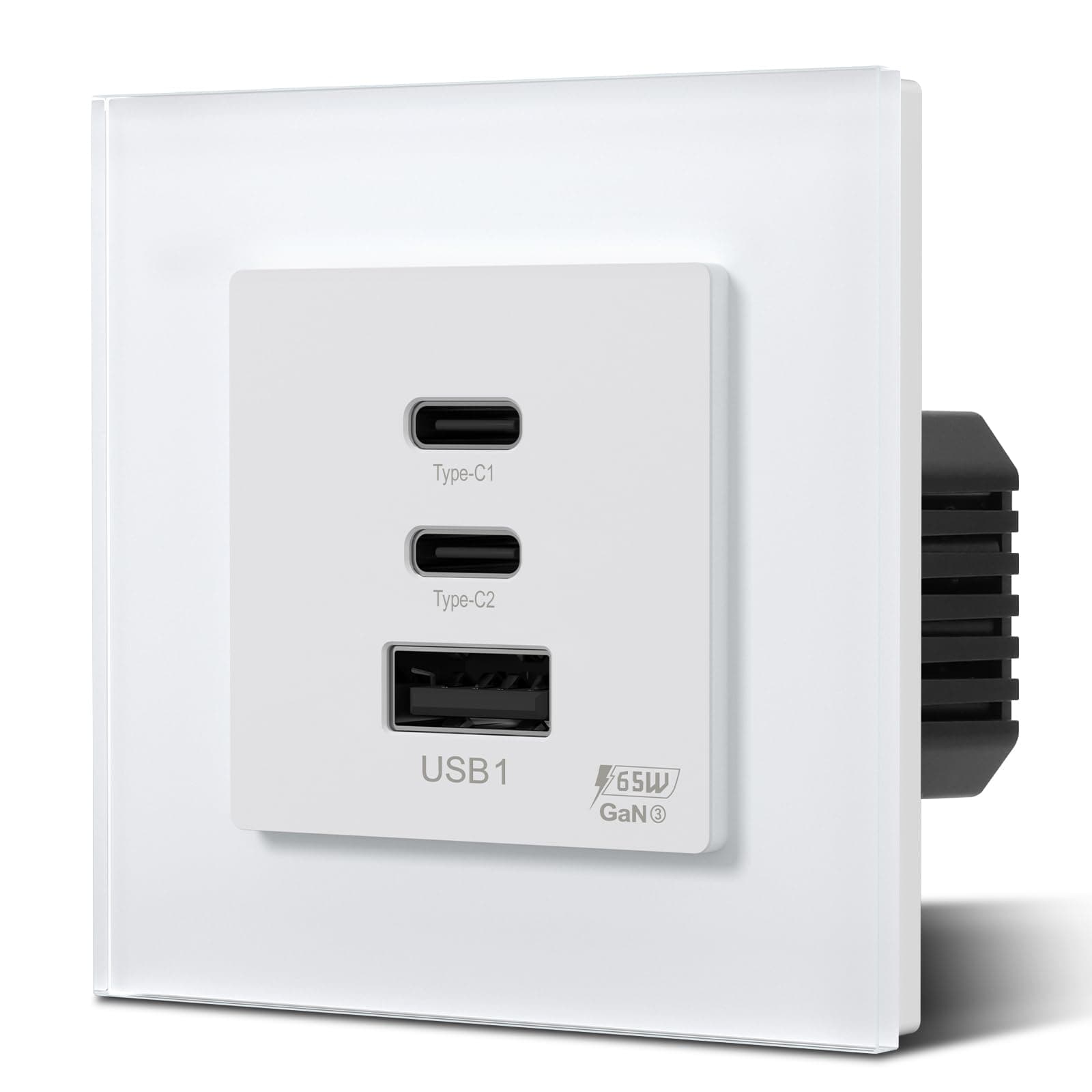 BSEED Enchufe de Pared GaN PD de 65W,Panel de Vidrio,Enchufe Empotrado con 2 Puertos Tipo C y 1 USB-A, 86mm Blanco