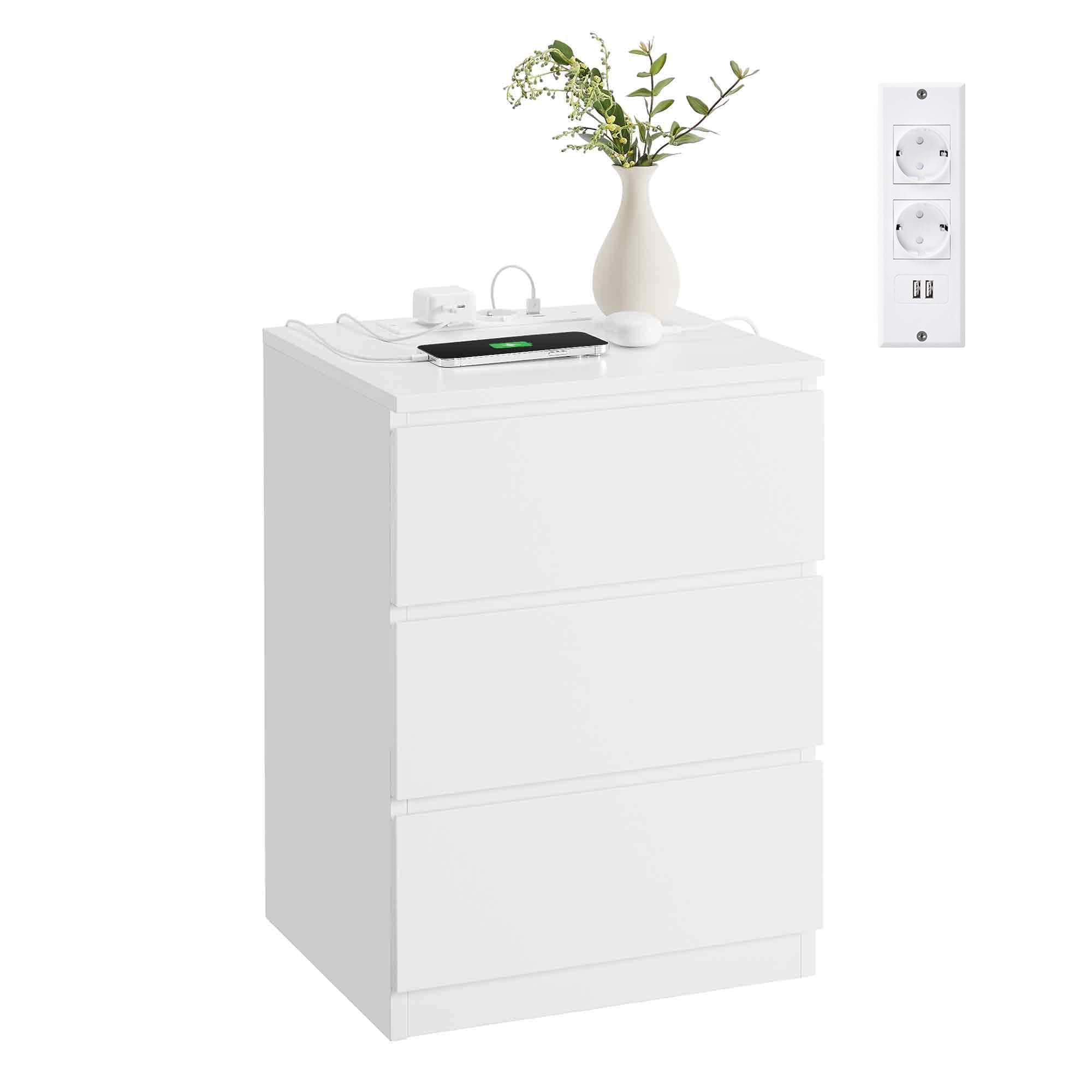 VASAGLE Kailyn Kollektion - Nachttisch mit Steckdosenleiste, Beistelltisch, 3 Schubladen, 2 AC-Steckdosen, 2 USB-A-Anschlüsse, modern, wolkenweiß LET631W14