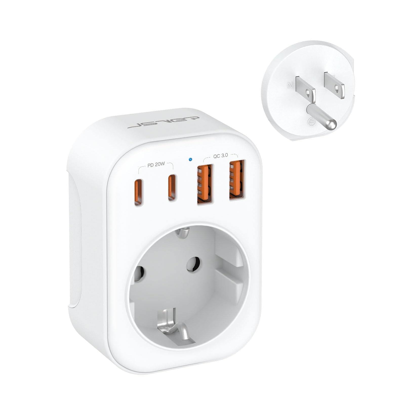 JSVER Adaptador Enchufe USA a español Tipo B, 5 IN 1 Adaptador de Viaje con 2 USB C(PD 20W) y 2 USB A, Compatto Adaptador Enchufe para EU a US Canada Mexico Colombia Tailandia