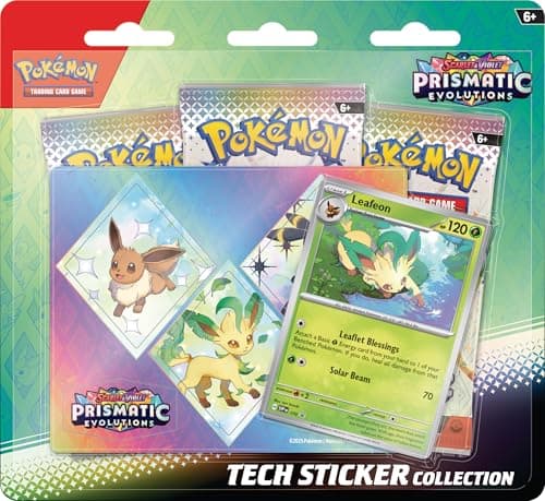 Pokémon Sammelkartenspiel: Scarlet & Violet – Prismatic Evolutions Tech Aufkleber-Sammlung – Folieon (1 Folien-Promokarte und 3 Booster-Packungen)