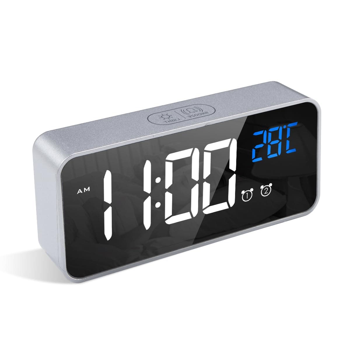 LATEC Reloj Despertador, LED Pantalla Reloj Despertador Digital con Espejo, Doble Alarma, Temperatura, Puerto de Carga USB, 10 Música, 4 Brillo Ajustable, 12/24H(Plata)