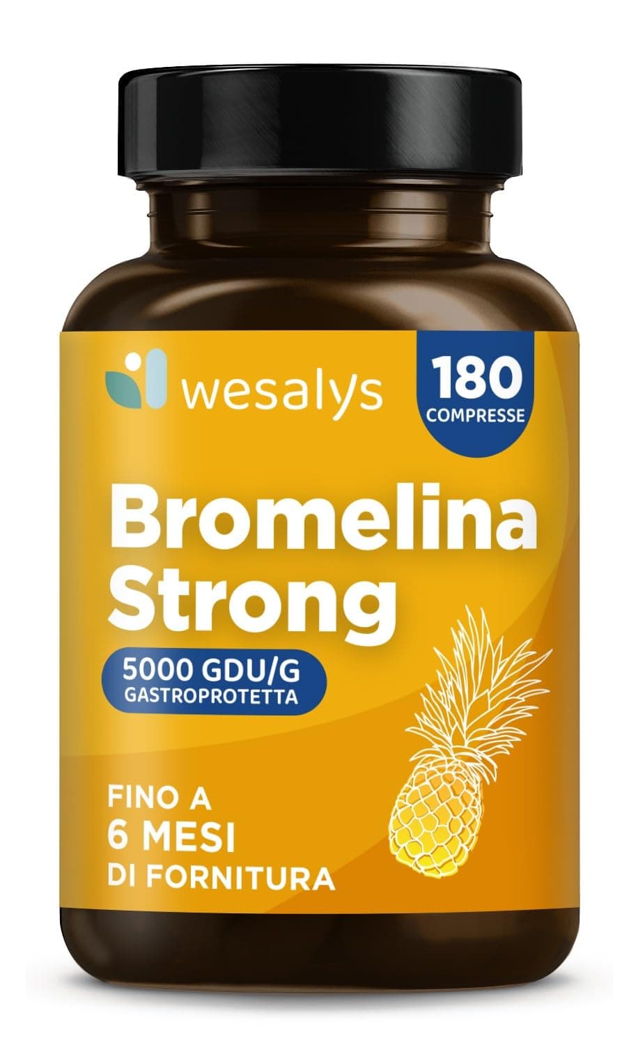 Bromelina 5000 GDU/g Gastroprotetta, 180 Compresse, 1600mg di Bromelina Pura, Altissimo Dosaggio. Fino a 6 mesi di Fornitura. Estratta naturalmente dall'Ananas, Integratore Made in Italy