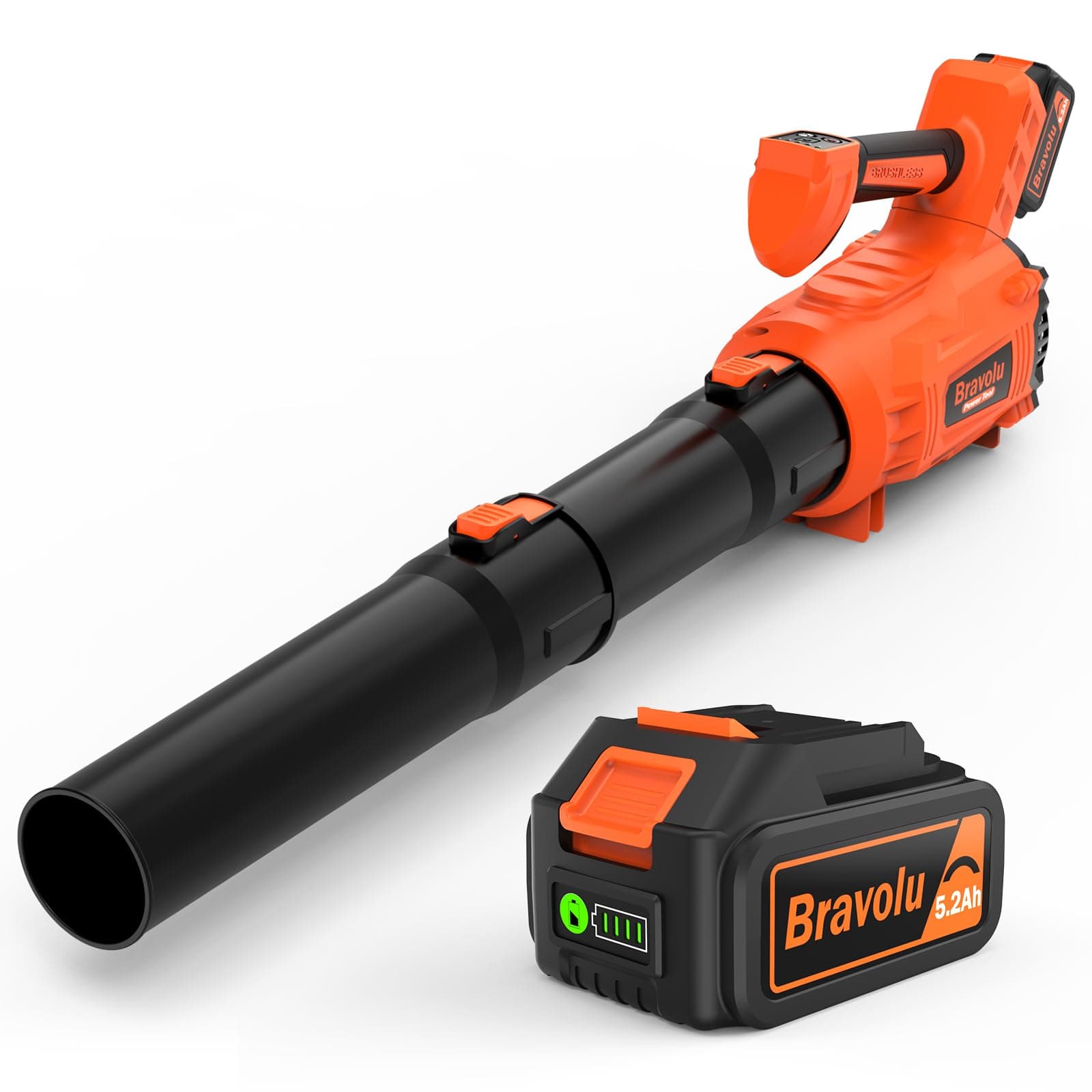 Soplador de Hojas, Bravolu Soplador con Baterías de 5200 mAh y Cargador, Potente Motor sin escobillas, Velocidad del Aire MAX 305 km/h, 5 Velocidades Soplador de Hojas Eléctrico con Modo Turbo