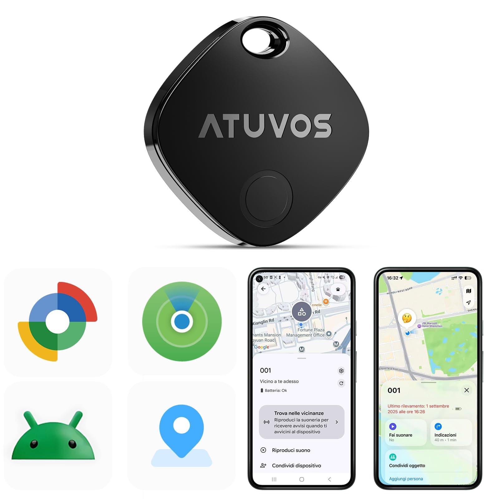 ATUVOS Air Tag Pro Smart Tag Tracker per Android & iOS, Dual System Localizzatore Bluetooth Funziona con Google Funzioni Trova o Apple Dov'è APP, per Valigia, Borse.Batteria Sostituibile. 1 pezzi Nero