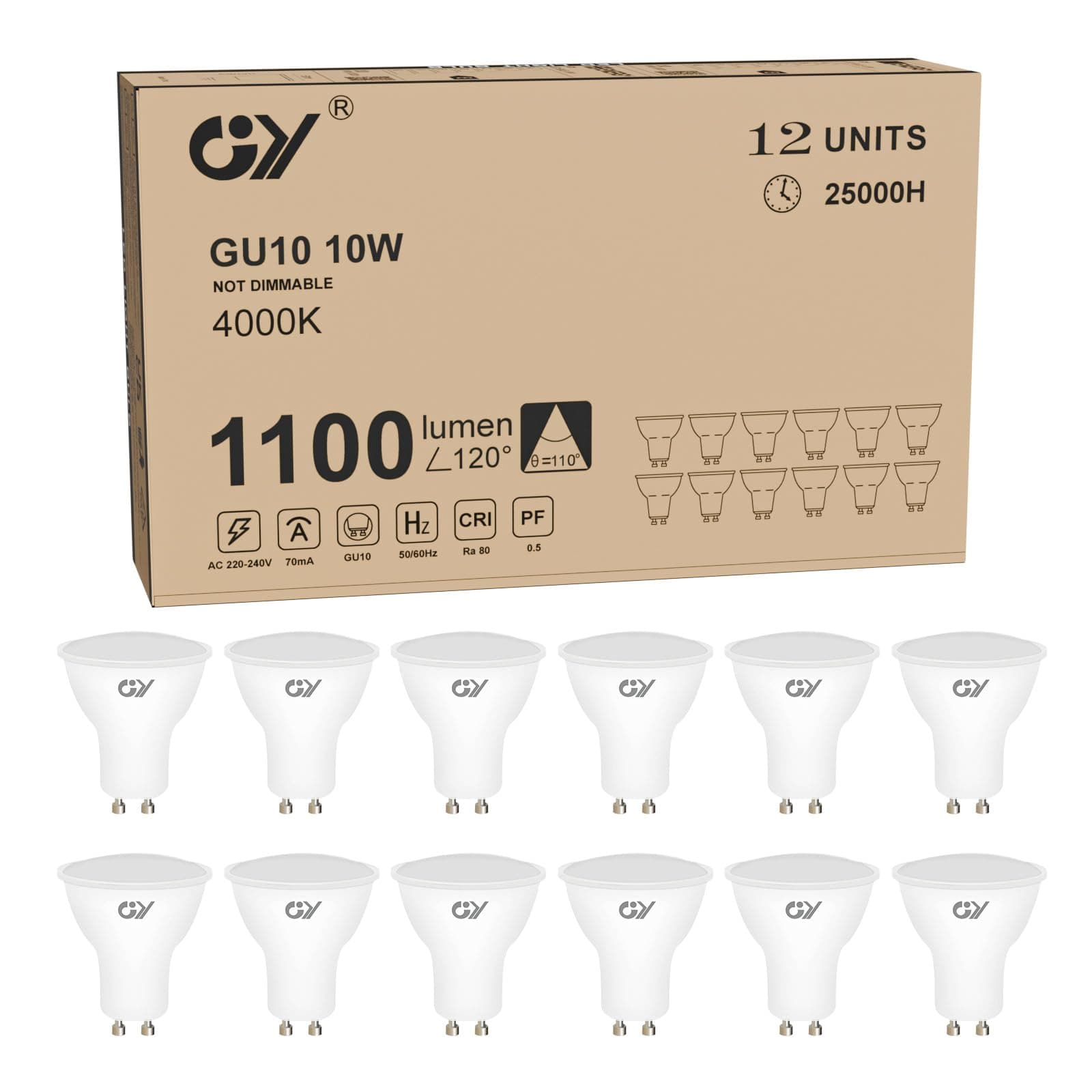 GY 12 bombillas LED GU10, 10 vatios (equivalente a 100 vatios), 1100 lúmenes, 4000K blanco neutro, se pueden usar para iluminación de inundación amplia integrada, listada en CE, No regulable
