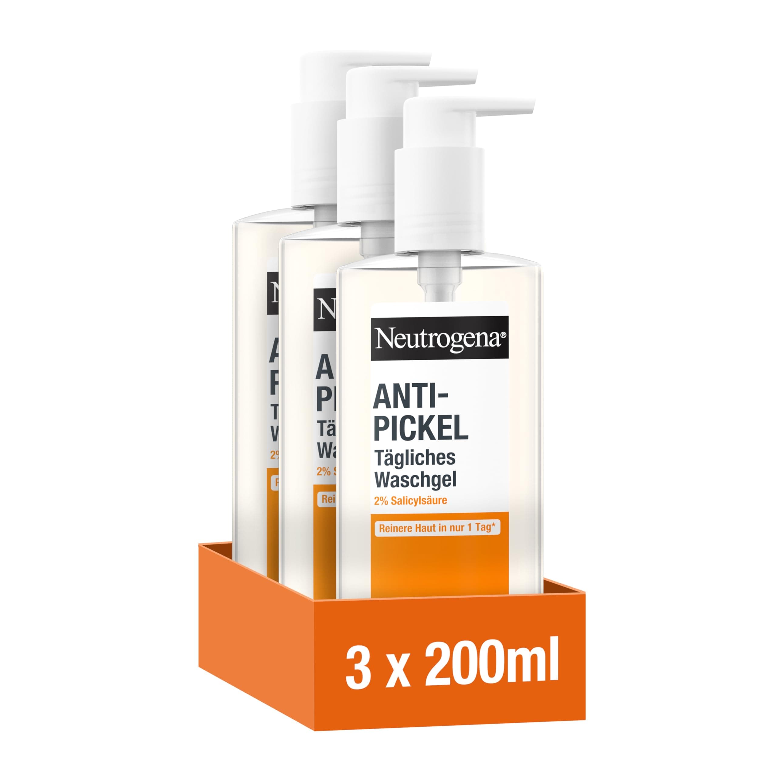 Neutrogena Anti-Pickel Tägliches Waschgel (3x200 ml), sanftes Anti Pickel Gel mit 2% Salicylsäure(BHA), porentiefe Gesichtsreinigung, entfernt überschüssiges Öl & Unreinheiten