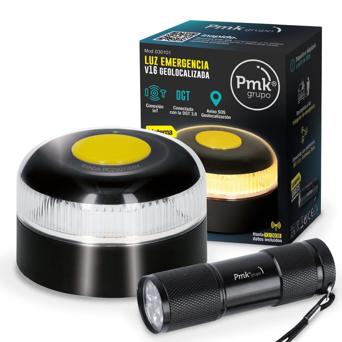 PMK GRUPO | Baliza V16 Conectada Homologada 2026 | Datos incluidos (hasta 12/2038) | Luz Emergencia LED 360º 1 km | Geolocalización GPS + SIM incluida | Conexión a DGT (Pack 1 baliza + linterna)