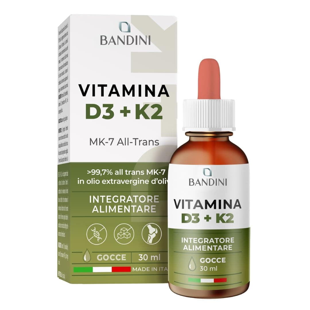 Bandini® Vitamina D3 K2 Gocce, in Olio Extra Vergine di Oliva EVO, Vitamine D Colecalciferolo 1000 UI per Goccia + Vit K MK-7 Menachinone Kappa 99,7% 100 mcg per Goccia, con pratico Contagocce