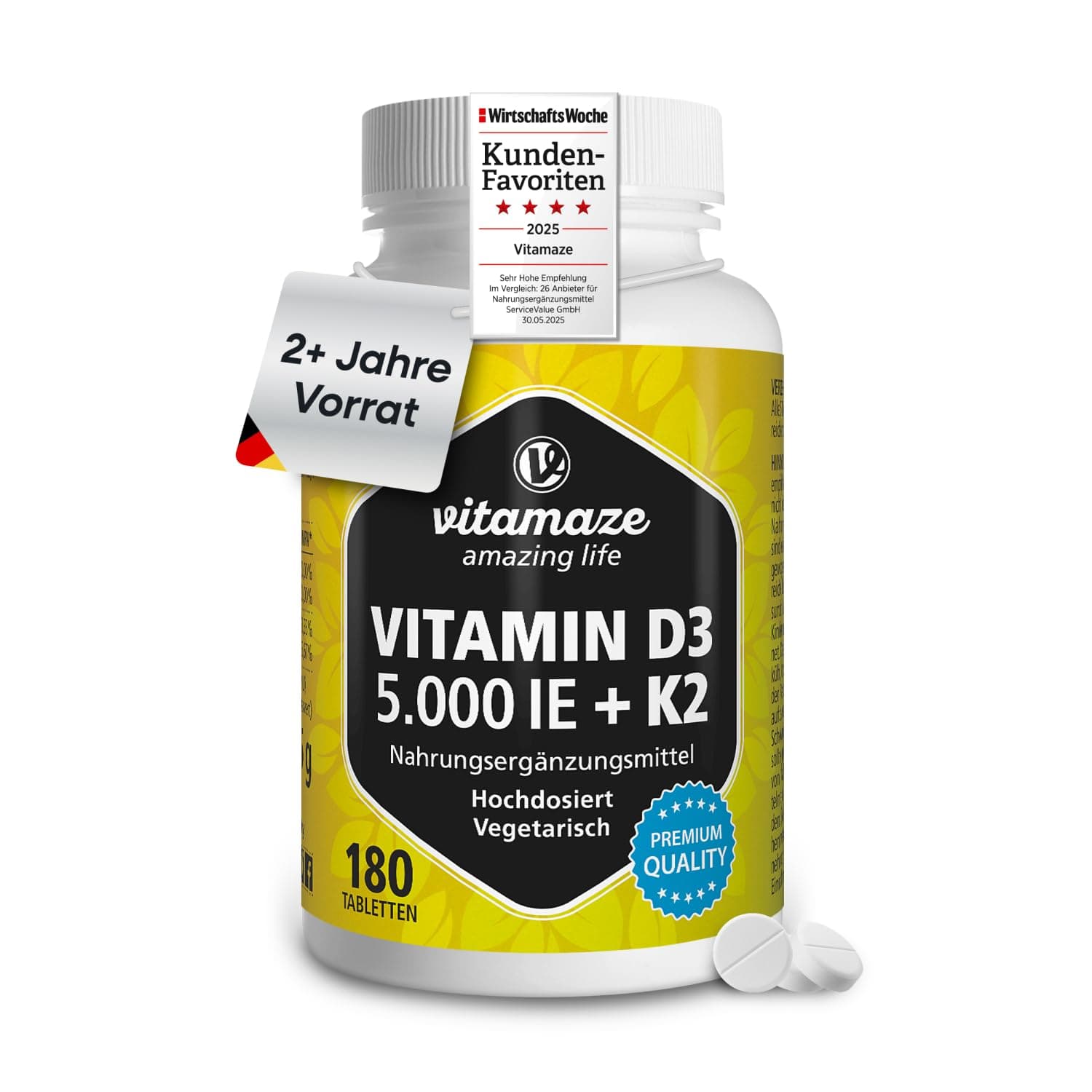 Vitamin D3 K2 5000 IE mit Vitamin K2 MK7 All Trans Form, 2+ Jahre Vorrat, 180 Tabletten Vitamin D ohne unnötige Zusatzstoffe, in Deutschland hergestellt