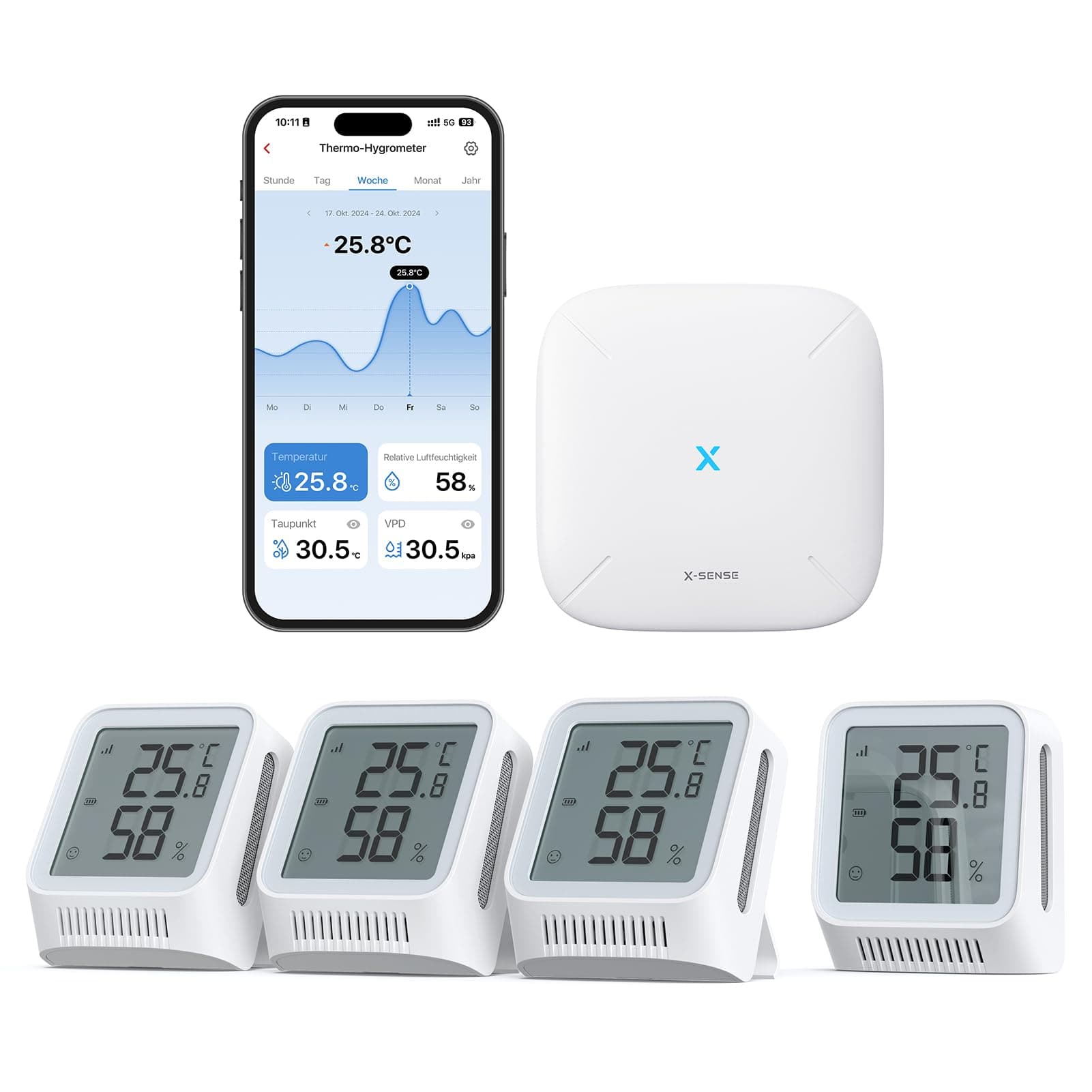 X-Sense WLAN Hygrometer Thermometer Innen mit LCD-Display, Temperatur- und Luftfeuchtigkeitsüberwachung per App, Smiley-Indikator, kompatibel mit Alexa, 4 Sensoren und Basisstation SBS50, STH0A41