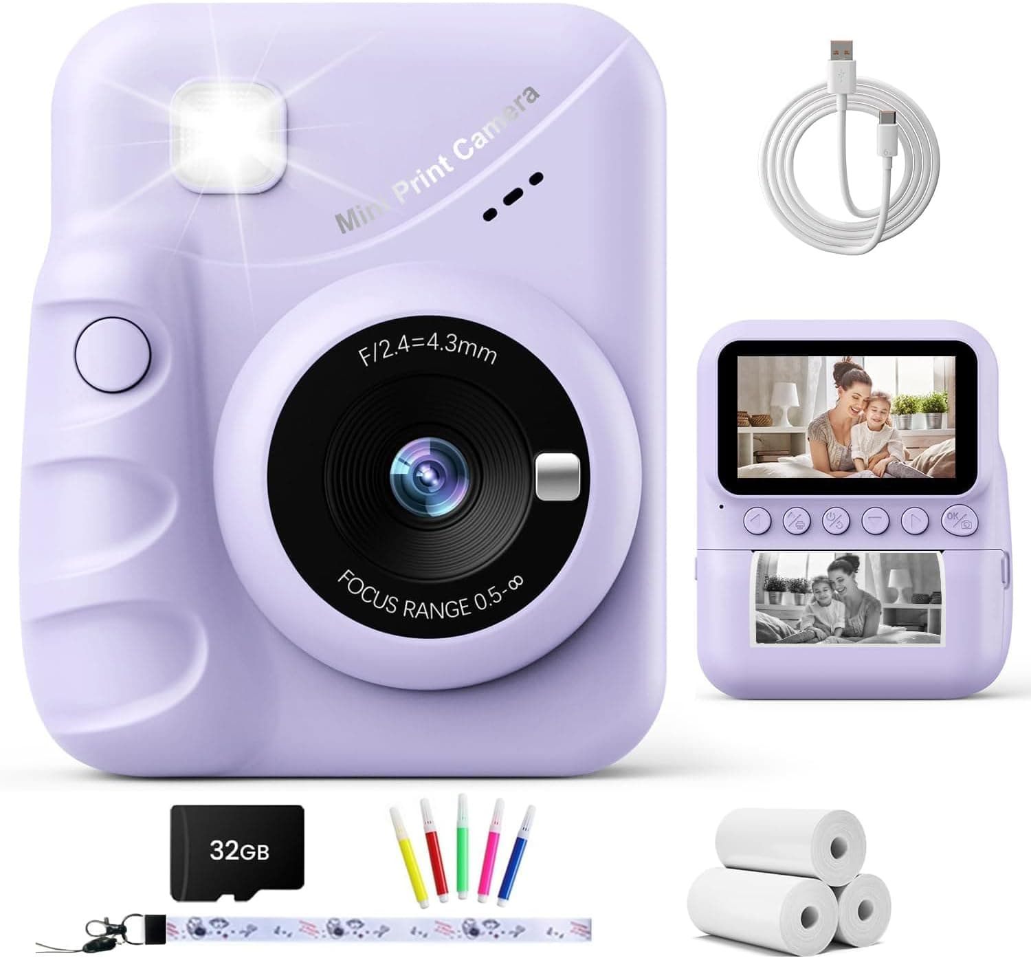 TIATUA Camara Fotos Infantil instantanea, 3,0'' HD 48 MP Cámara Instantánea para Niños con Tarjeta de 32 GB y 3 Rollos de Papel, Regalo para Niños y Niñas de 3 a 12 Años (Morado)