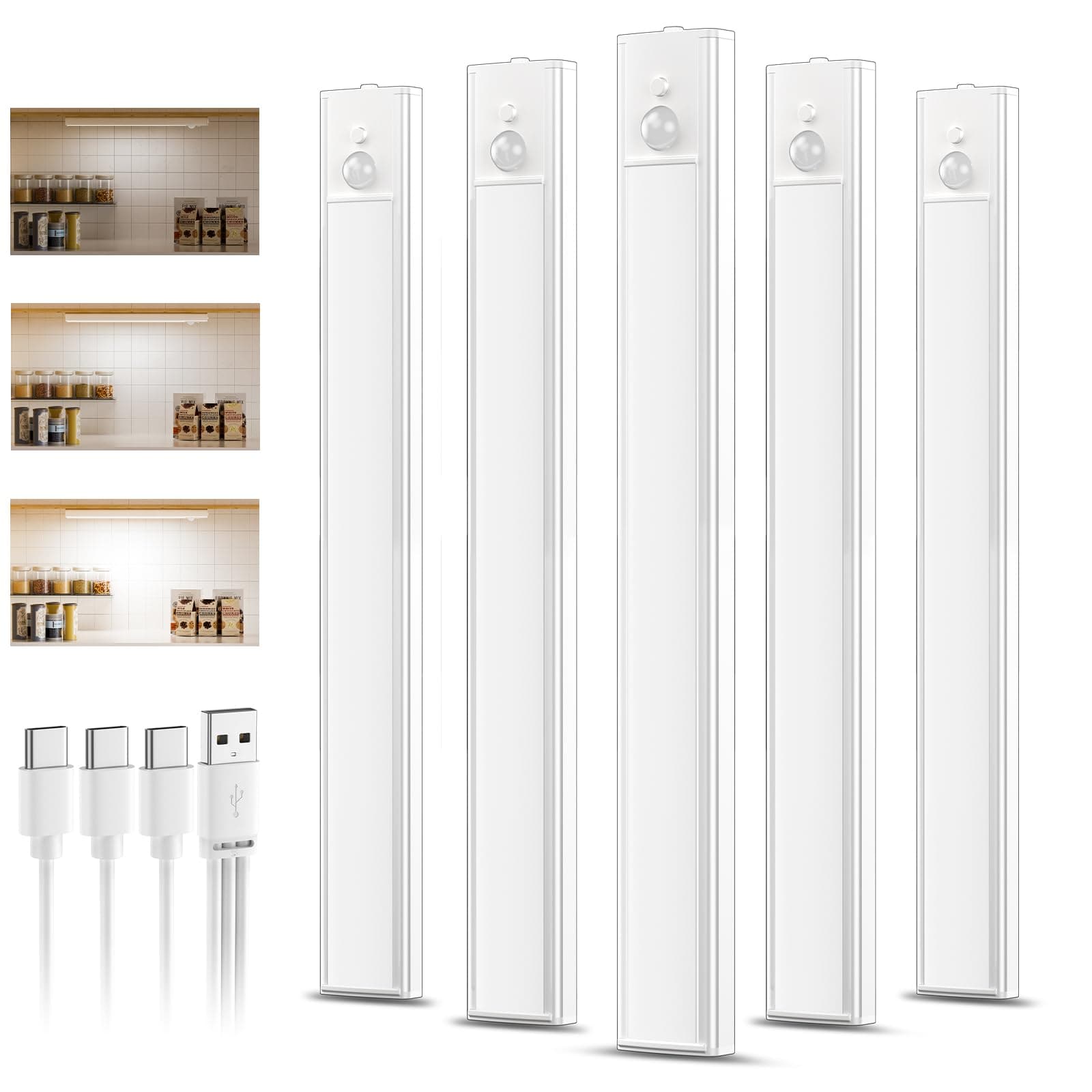 daphomeu 5 Pièce Lampe LED Rechargeable,30CM Blanc Froid Reglette led Cuisine, Lumiere Detecteur de Mouvement Interieur Sous Meuble Placard Eclairage, Intensité Variable, Installation Magnétique
