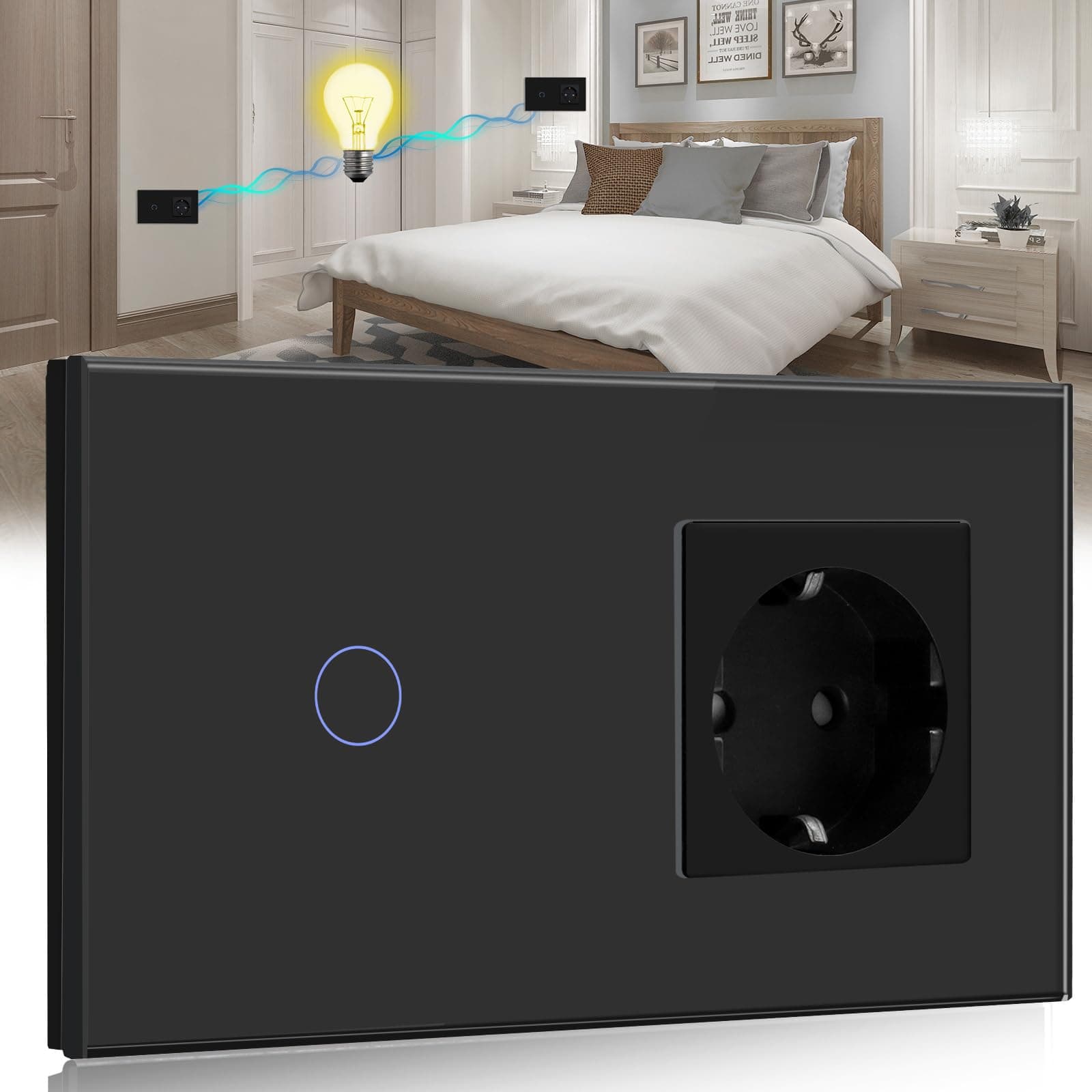 BSEED Interruptor Tactil de Pared y Enchufe Schuko - 1 Gang 2 Vías, Panel de Cristal Conmutador de Superficie, 16A 250V Negro