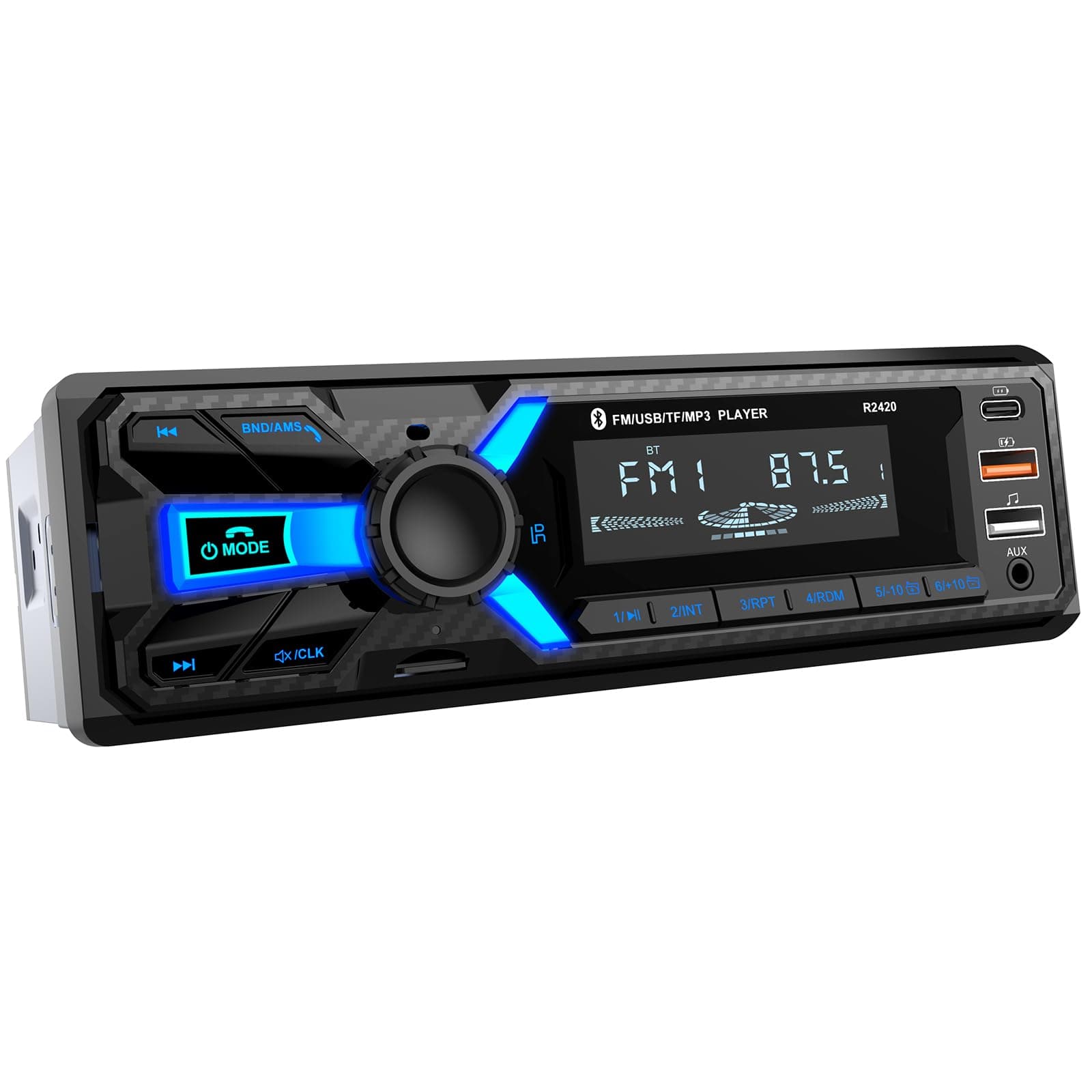 RDS Autoradio Bluetooth, Wistrue Autoradio1DIN con Porta di ricarica Type-C Stereo Auto Bluetooth FM/AM con lettore MP3 vivavoce/2 USB/AUX/SD Supporta Android e iOS