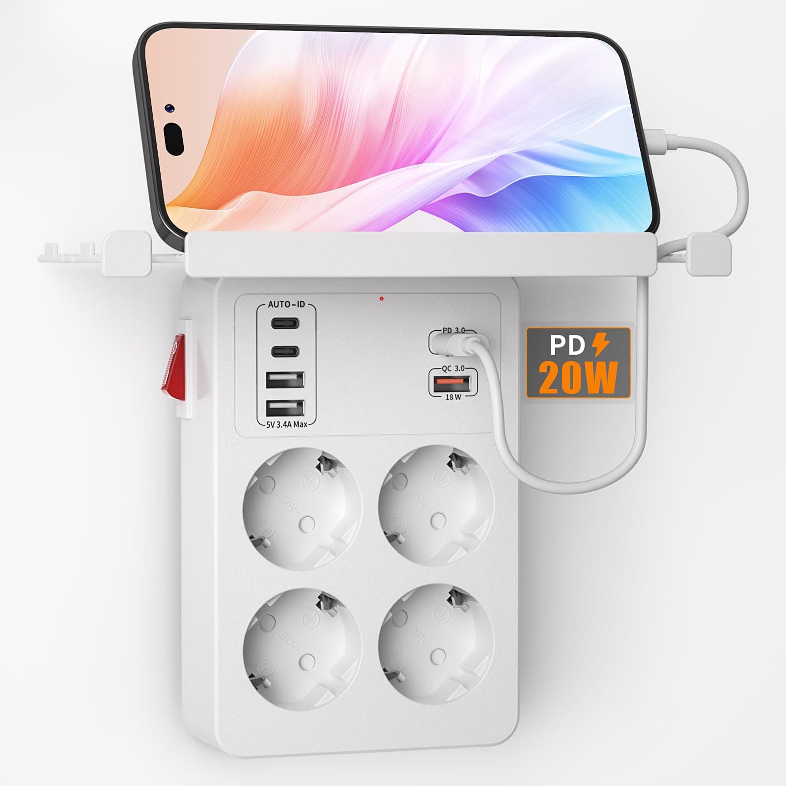 PD20W Ladron Enchufes con Interruptor, Enchufe Multiple con Carga Rápida PD3.0 y QC18W, Regletas Enchufes Pared con 4 Tomas y 6 USB Cargador,Alargador Enchufe Adaptador Tipo C con Estanteria,Blanco