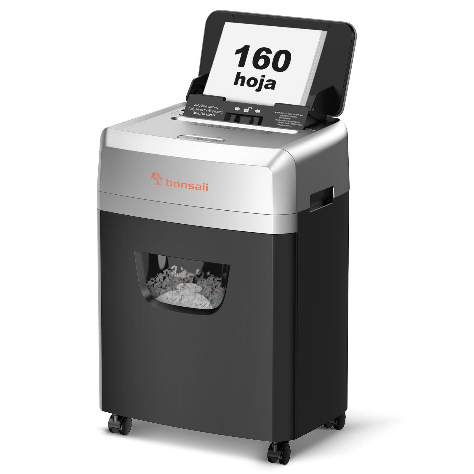 Bonsaii Trituradora de Documentos con alimentación automática para 160 Hojas, Corte en Cruz P-4, 60 Minutos de Funcionamiento Continuo, Caja de Recogida de 23 litros, para Uso en Oficina C290-A