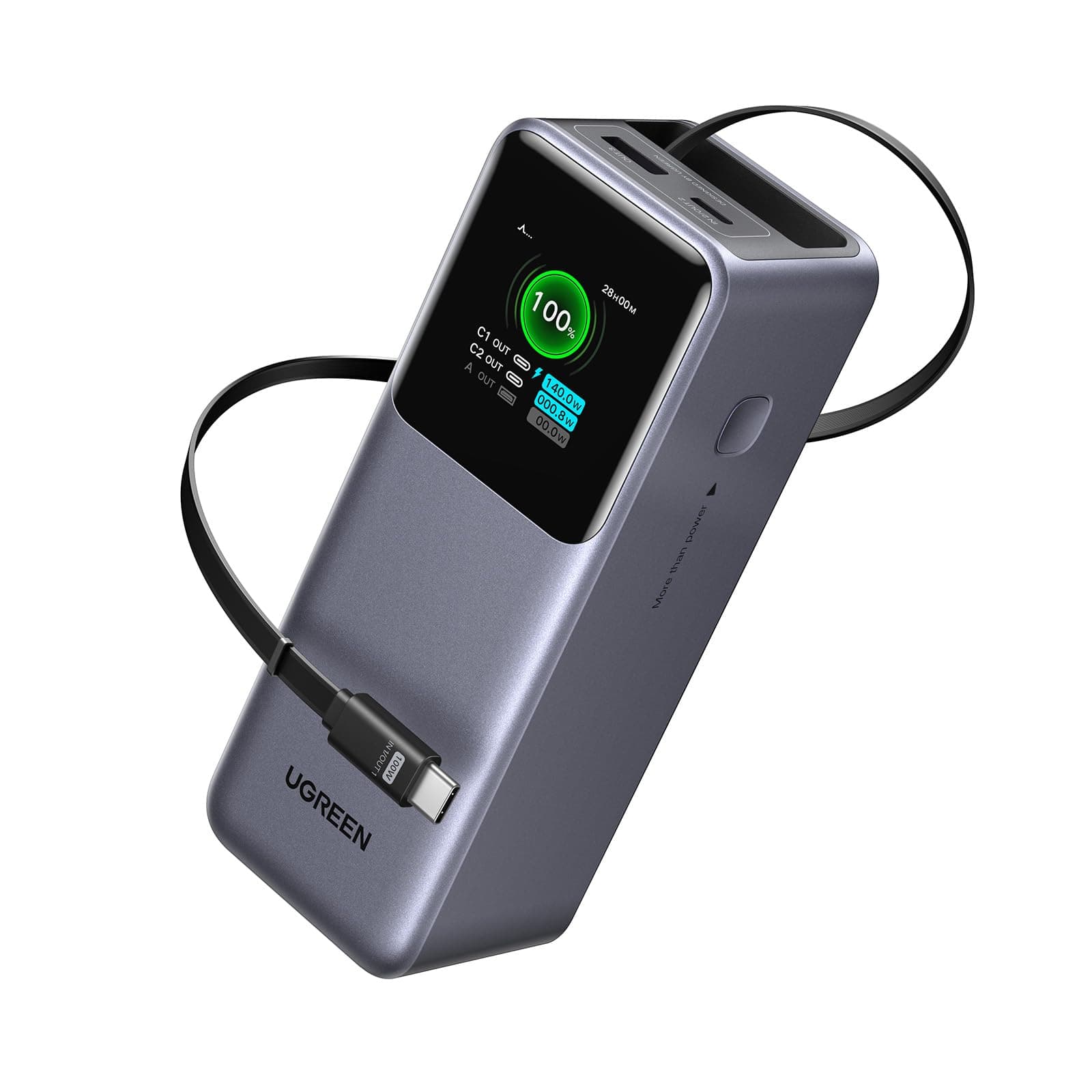 UGREEN Nexode Power Bank 20000mAh, 165W Schnellladen, 65cm einziehbares Kabel, Kompatibel mit iPhone 17/16/15 Serie, Galaxy S25 Ultra, MacBook, Dell Laptop und mehr