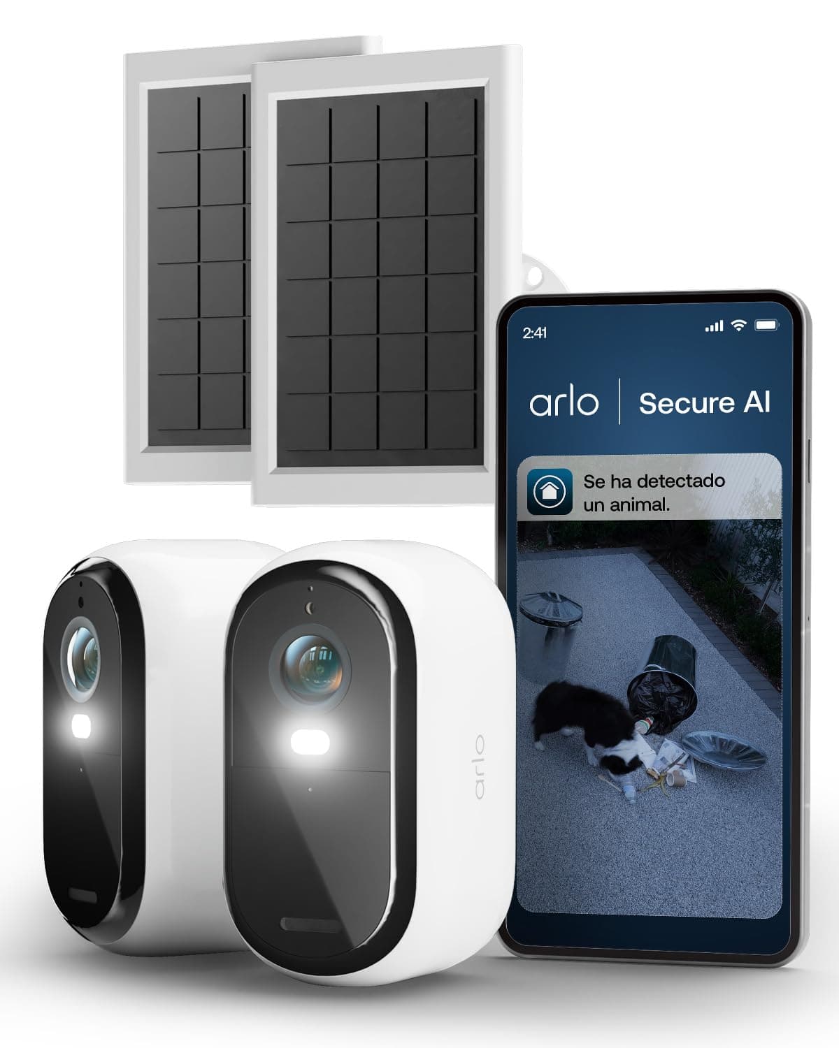 Arlo Essential 3 HD + 2 Paneles solares, cámara WiFi Exterior, batería de 6 Meses, visión Nocturna, Audio bidireccional, 2 cámaras Blancas