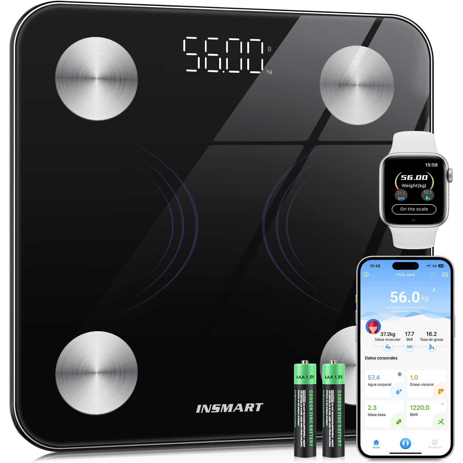 INSMART Bascula Baño, Bascula Grasa Corporal y muscular con pantalla LED,Bascula con app para Andriod e iOS,Bascula Inteligente controla 17 datos corporales,Balanza Peso Corporal peso máximo 180kg