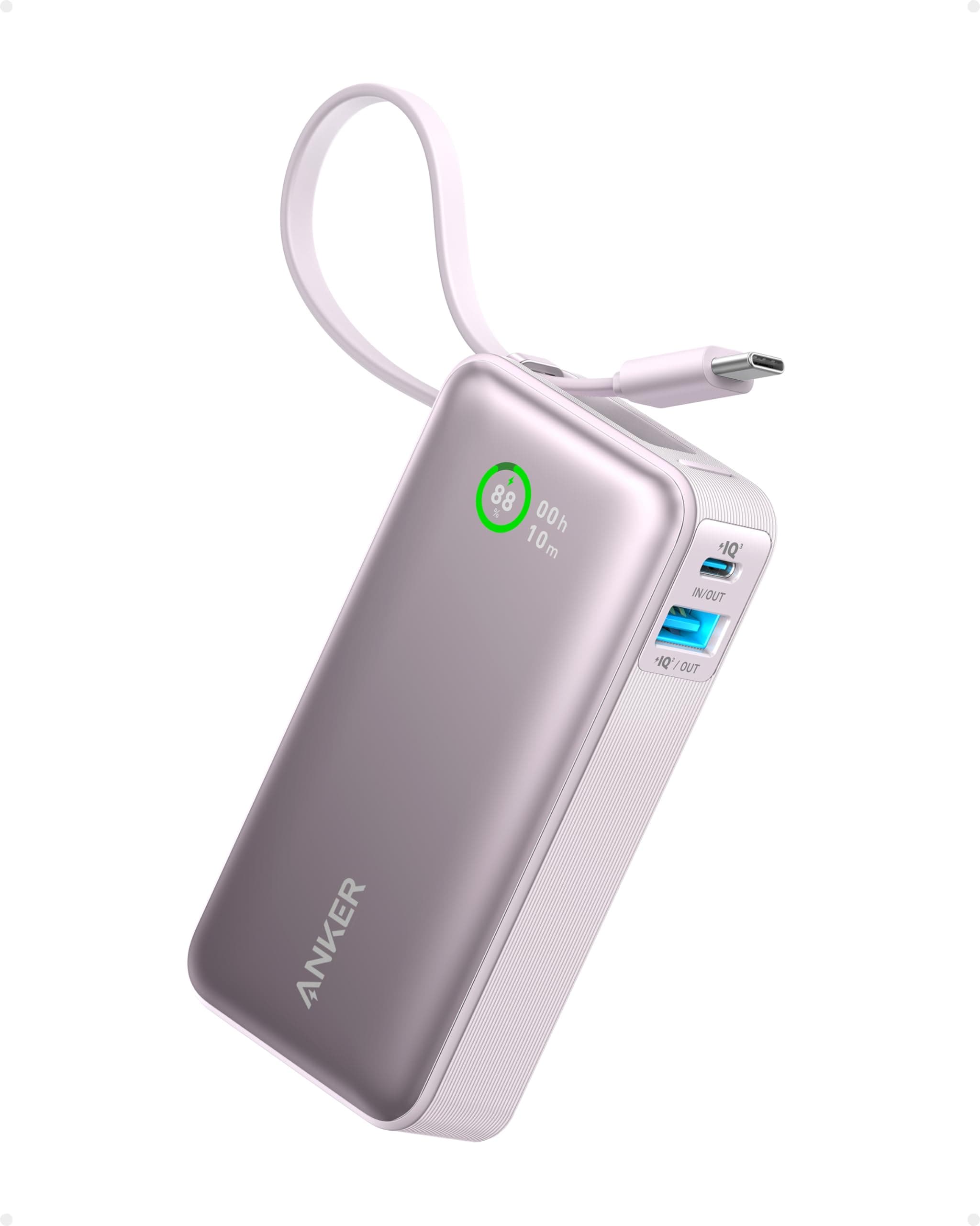 Anker Nano Powerbank,10.000mAh Powerbank mit eingebautem USB-C Kabel, PD 30W Höchstleistung mit 1x USB-C, 1x USB-A, kompatibel mit iPhone 17/16/15 Serie, MacBook, Galaxy, iPad, AirPods und mehr(Lila)