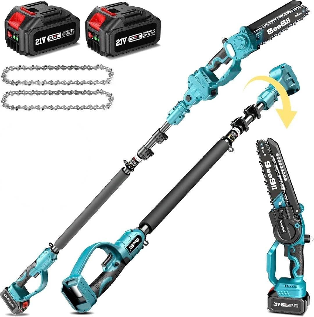 SEESII 2-in-1 Motosega Telescopica & Mini Motosega con 2 Batterie da 4000mAh, Motosega Senza Spazzole da 8 Pollici con Asta Telescopica, Estendibile fino a 15 Piedi Ideale per Potatura Alberi