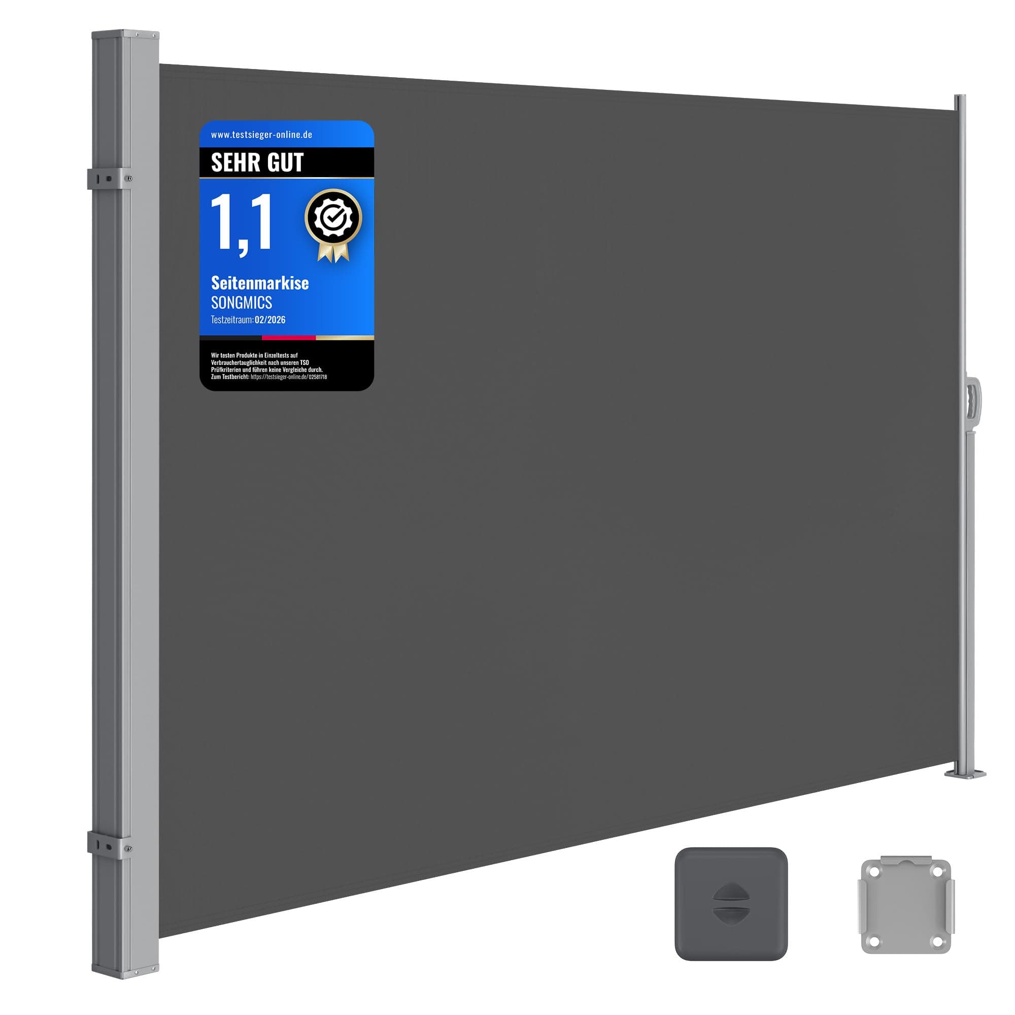 SONGMICS Seitenmarkise mit Stahl-Kasten, rostbeständig, ausziehbar, 160 x 300 cm, Windschutz, Sonnenschutz, blickdicht, Seitenrollo, für Balkon, Terrasse, Garten, anthrazit GSA160TG