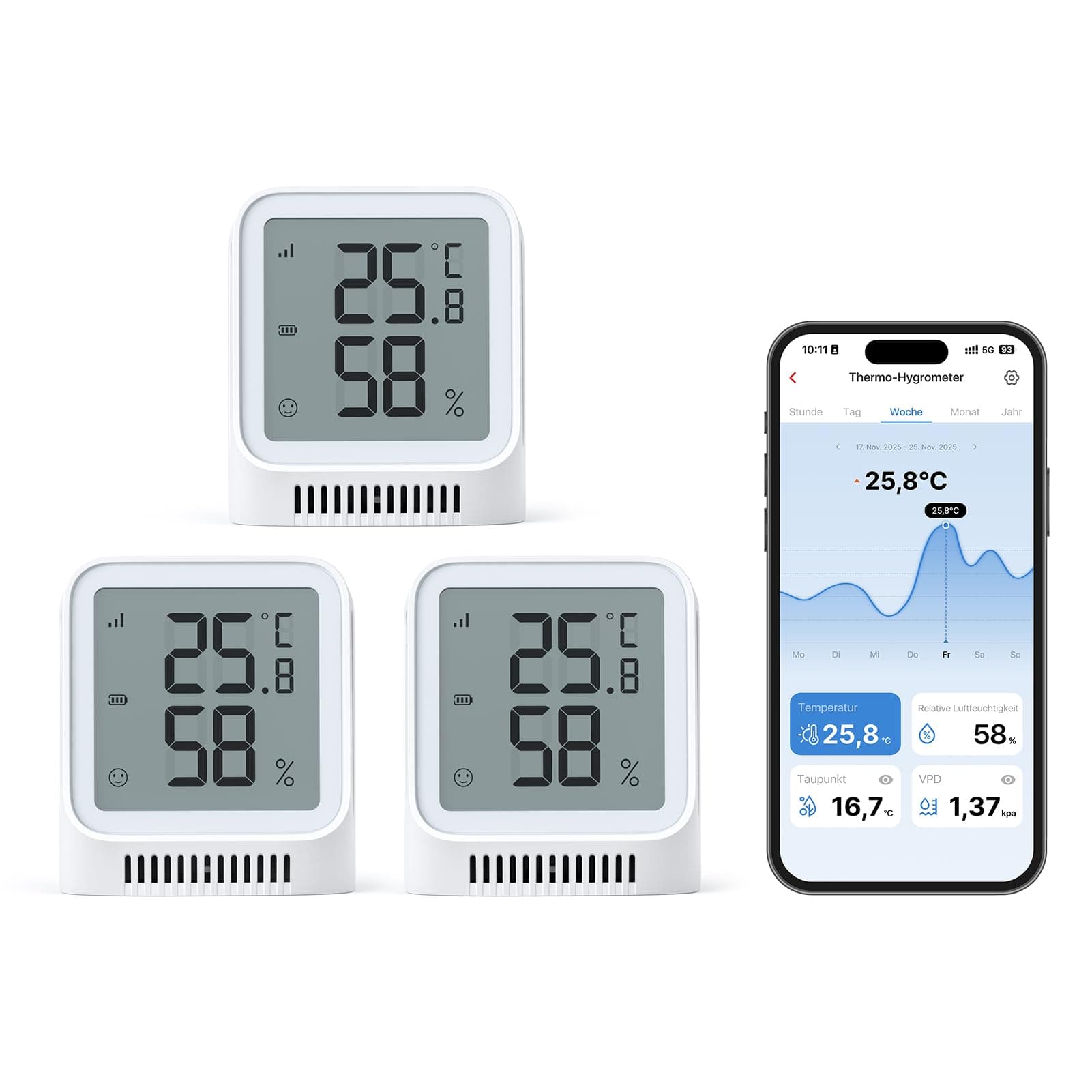 X-Sense 3 Stück WLAN Thermometer Hygrometer Innen mit X-Sense App, Mini Digital Raumthermometer, Angepasster Komfortbereich, Smiley-Indikator, kompatibel mit Alexa, erfordert Basisstation SBS50