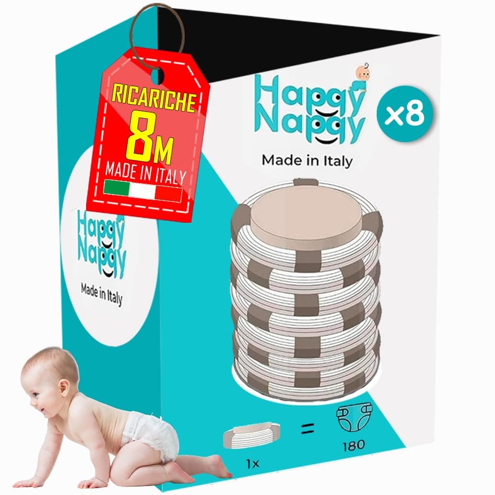 My Happy Nappy 8 Ricariche -【Compatibili con Tommee Tippee Sangenic Tec, Simplee Sangenic e Twist & Click】- Super Ricariche da 8 Metri - Trattamento Anti-Odore EVOH Efficace a 7 Strati