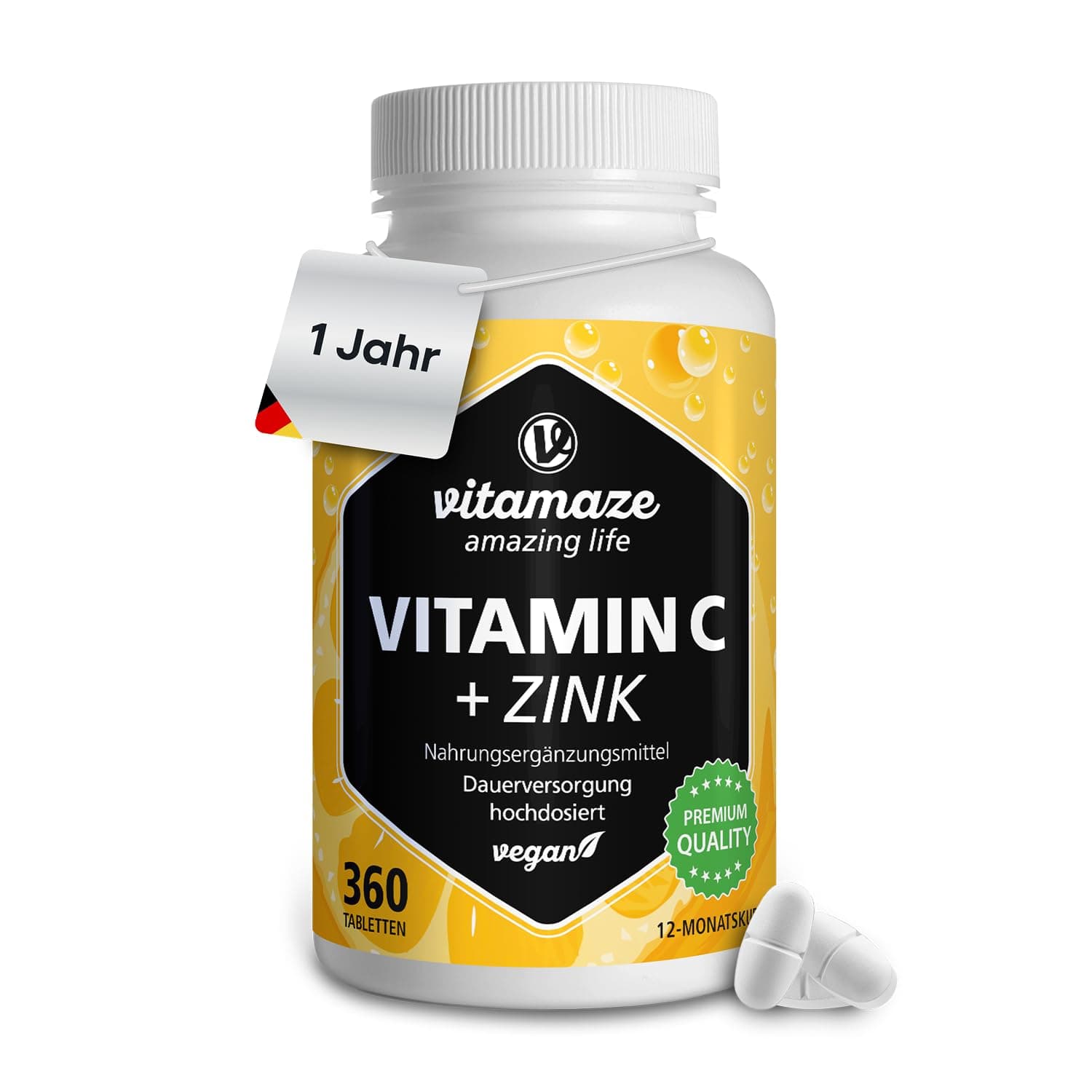 Vitamin C hochdosiert 1000 mg + Zink, 360 Tabletten für 1 Jahr, vegan & optimal bioverfügbar, Natürliche Nahrungsergänzung ohne unnötige Zusatzstoffe, Made in Germany