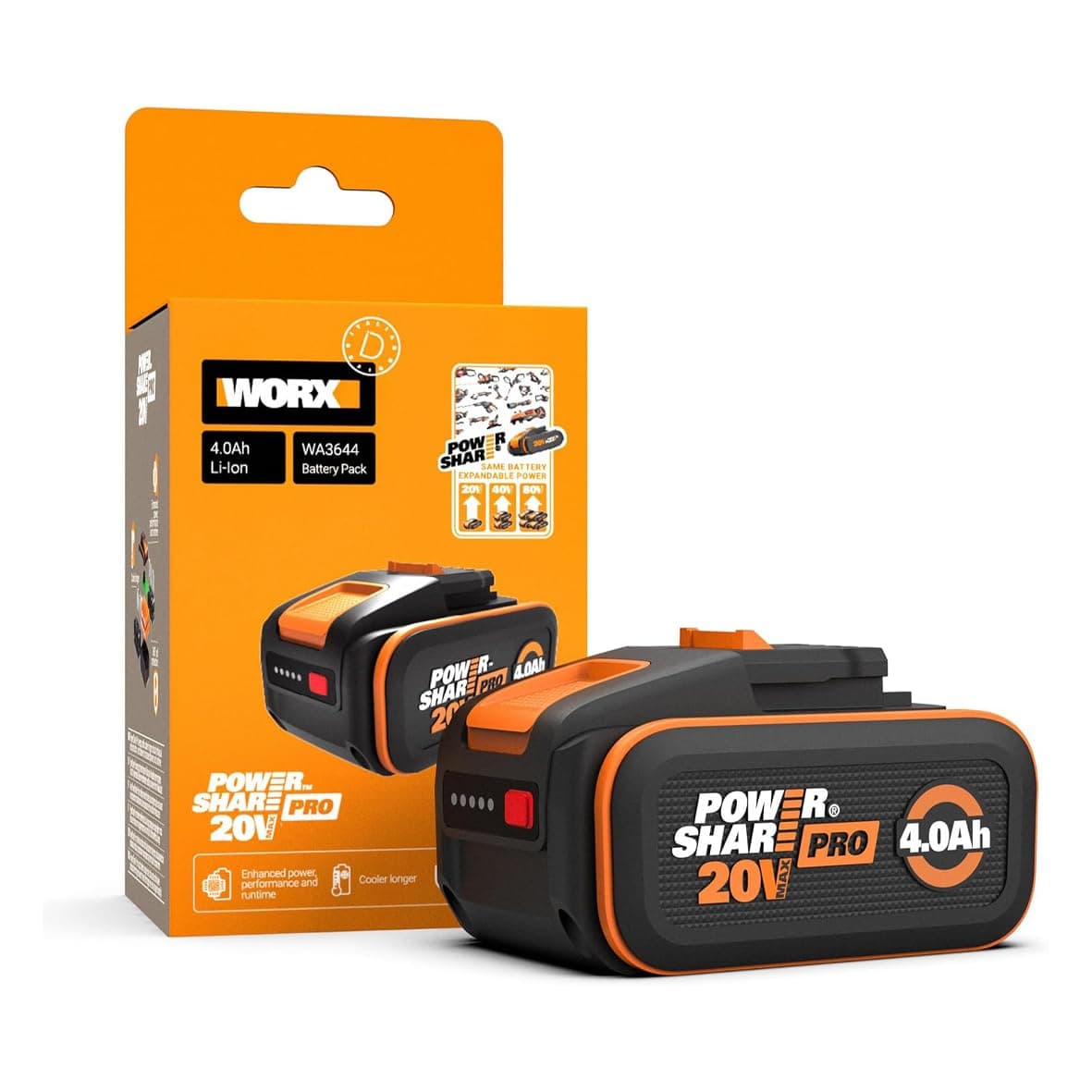 WORX WA3644 Batteria Powershare Pro agli ioni di litio 20 V - 4 Ah (compatibile con tutti gli strumenti Worx da 20 V/40 V/80 V)