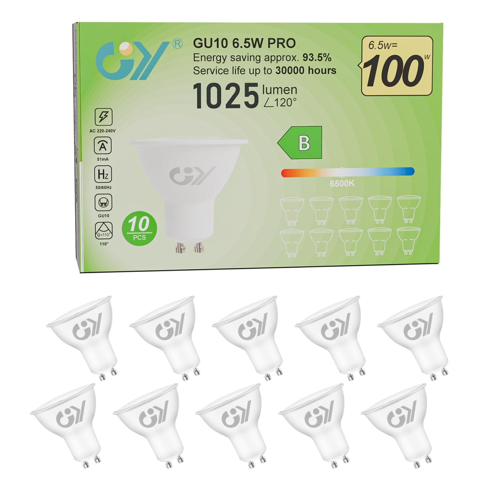 GY Bombilla LED GU10 6.5W (Eq. 100W) 1025LM 6500K Blanco Frío, No Regulable, 110 Grados Ángulo de haz - Bombillas GU10 LED Pack de 10