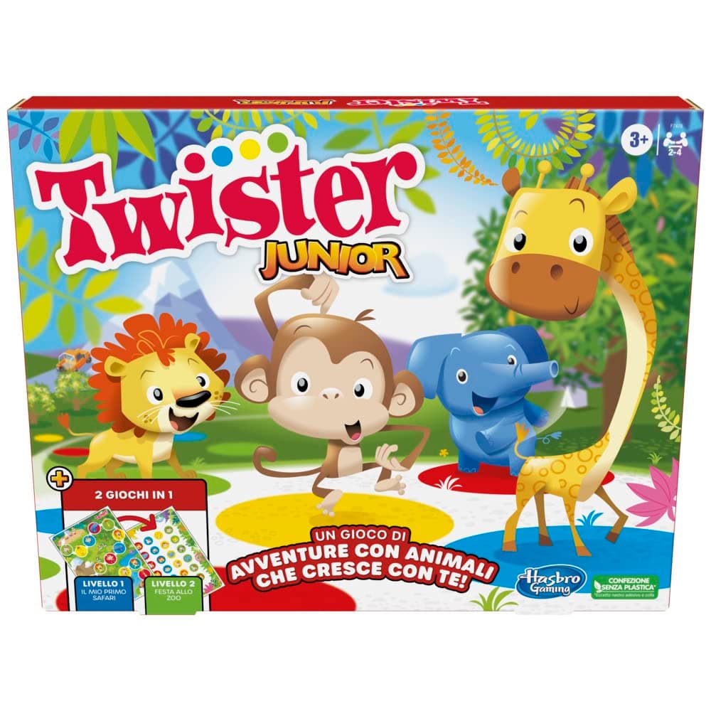 Hasbro Gaming Twister Junior, Gioco da Tavolo con Tappetino Fronte-Retro, 2 in 1, Multiplayer 2 a 4 Giocatori, Giochi Classici per Festa in Famiglia per Bambini e Bambine da 3 Anni