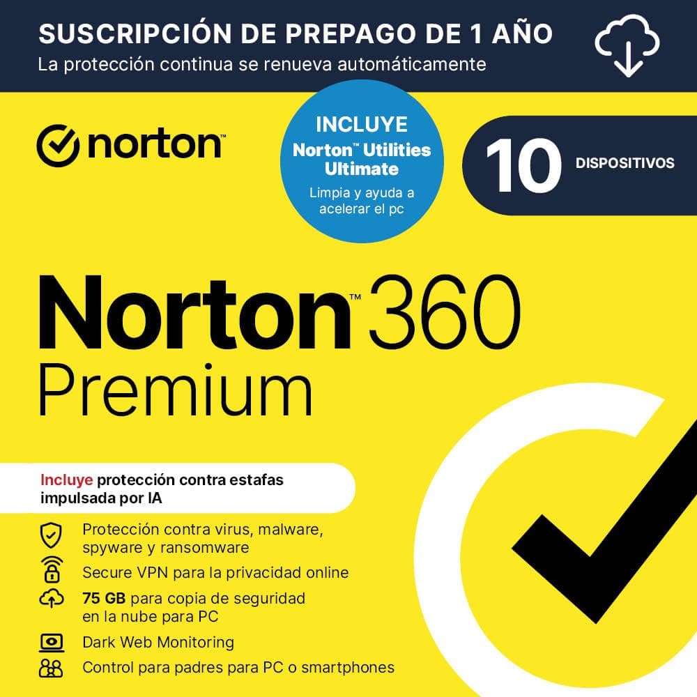 Norton 360 Premium+Utilities 2026 | Antivírus 10 Dispositivos|1 año con renovación automática| Descarga digital