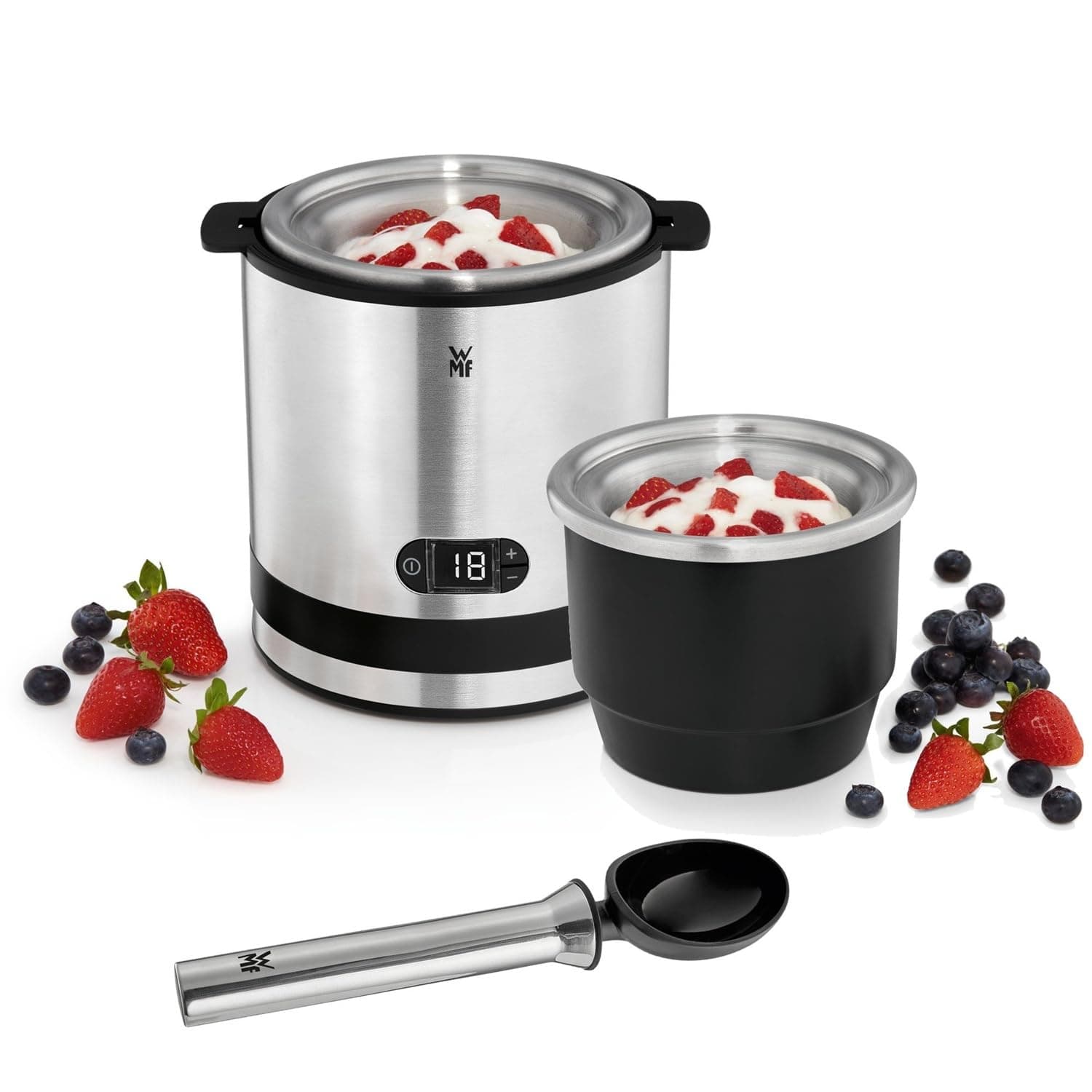 WMF Kitchenminis - Heladera 3 en 1, yogur helado, sorbete, helado, 12 W, pantalla cristal, función contador, incluye cuchara de helados, 300 ml, acabados acero inoxidable cromargan mate